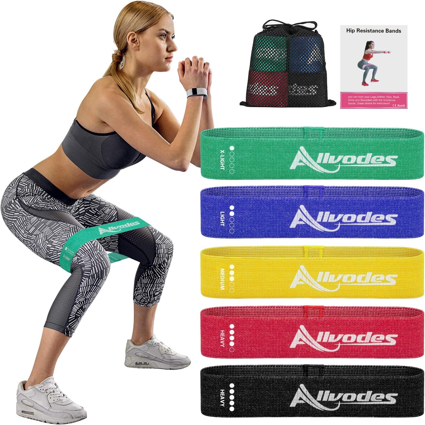 Allvodes Booty Bands, Fabric Resistance Bands for Legs and Butt, Non Slip Exercise Bands for Women Men, Elastic Strength Squat Band, Workout Beginner to Professional - 3 Pack Set