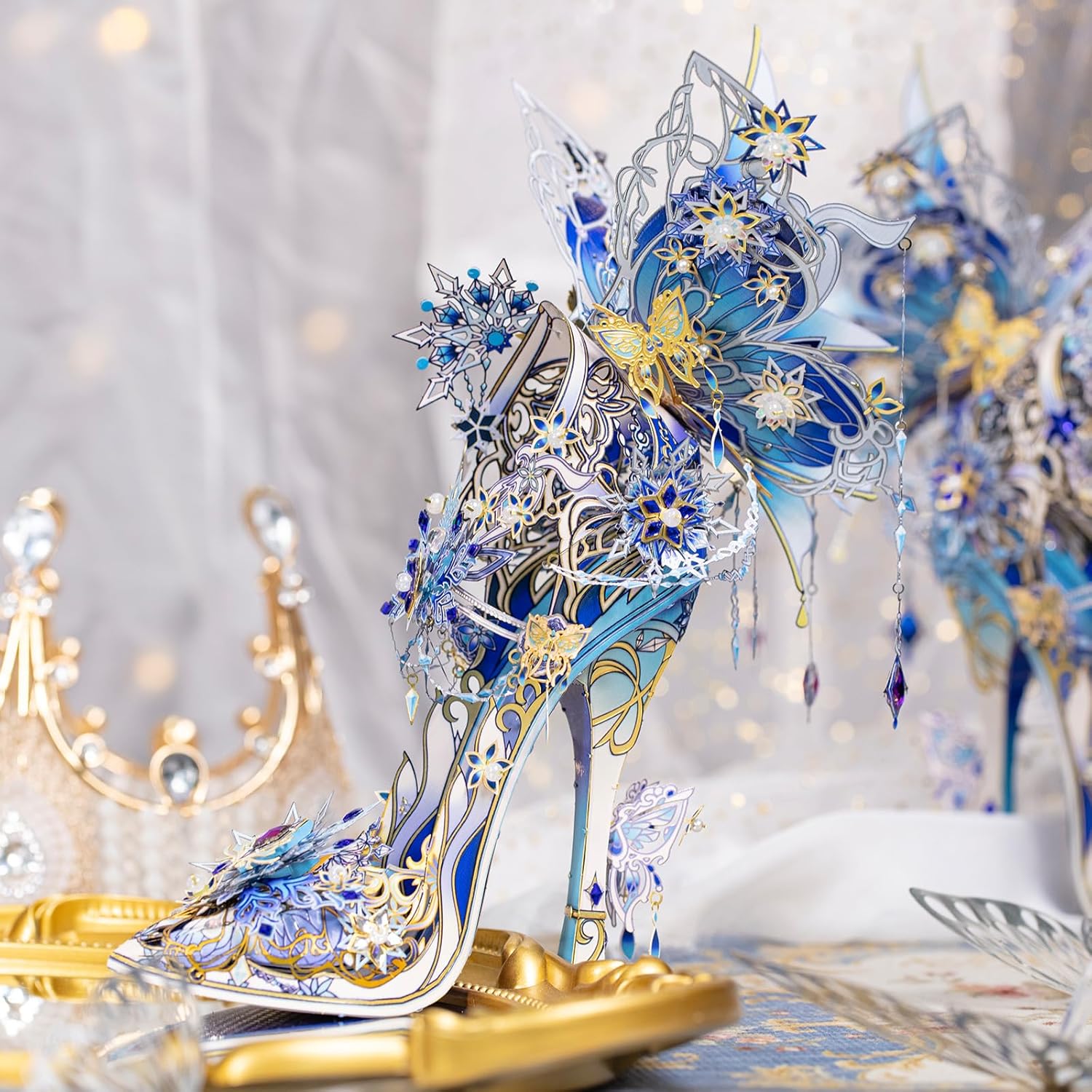 MU Metal Puzzles for Adults Wedding Ice Blue Shoe Cinderella Shoes Puzzle 3D Metal Model Kits Building, DIY Sets Xmas Birthday Wedding Girfriend Gifts Home Desk Decor Craft Projects