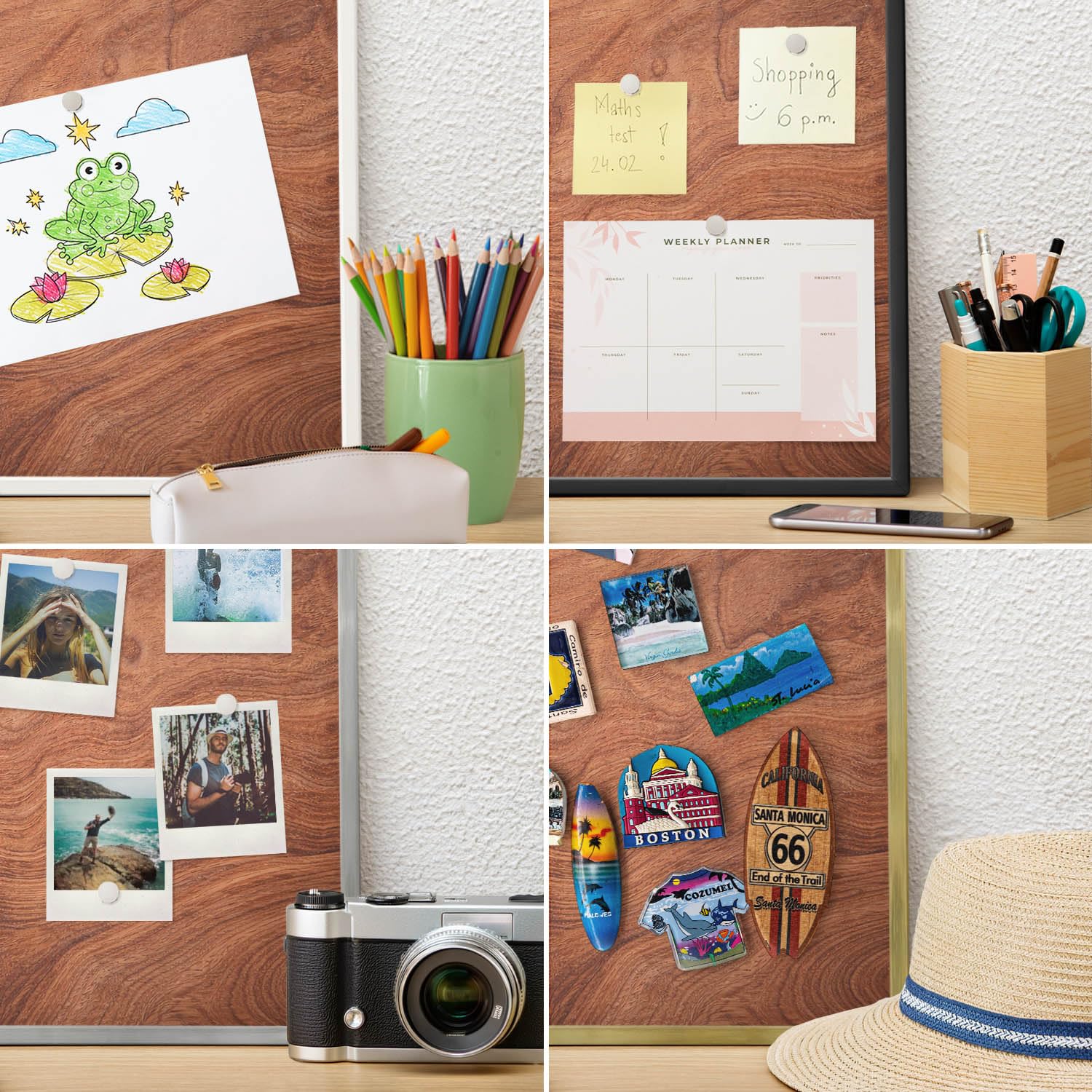 Metall-Magnettafel für Büro 70x50 cm | Schwarzer Rahmen | Holzmaserung