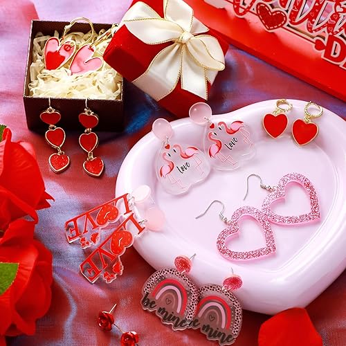 Miniatura 3 de 16 pares de aretes para el día de San Valentín, aretes colgantes rojos con diseño de corazón, aretes acrílicos de leopardo para mujeres y niñas,