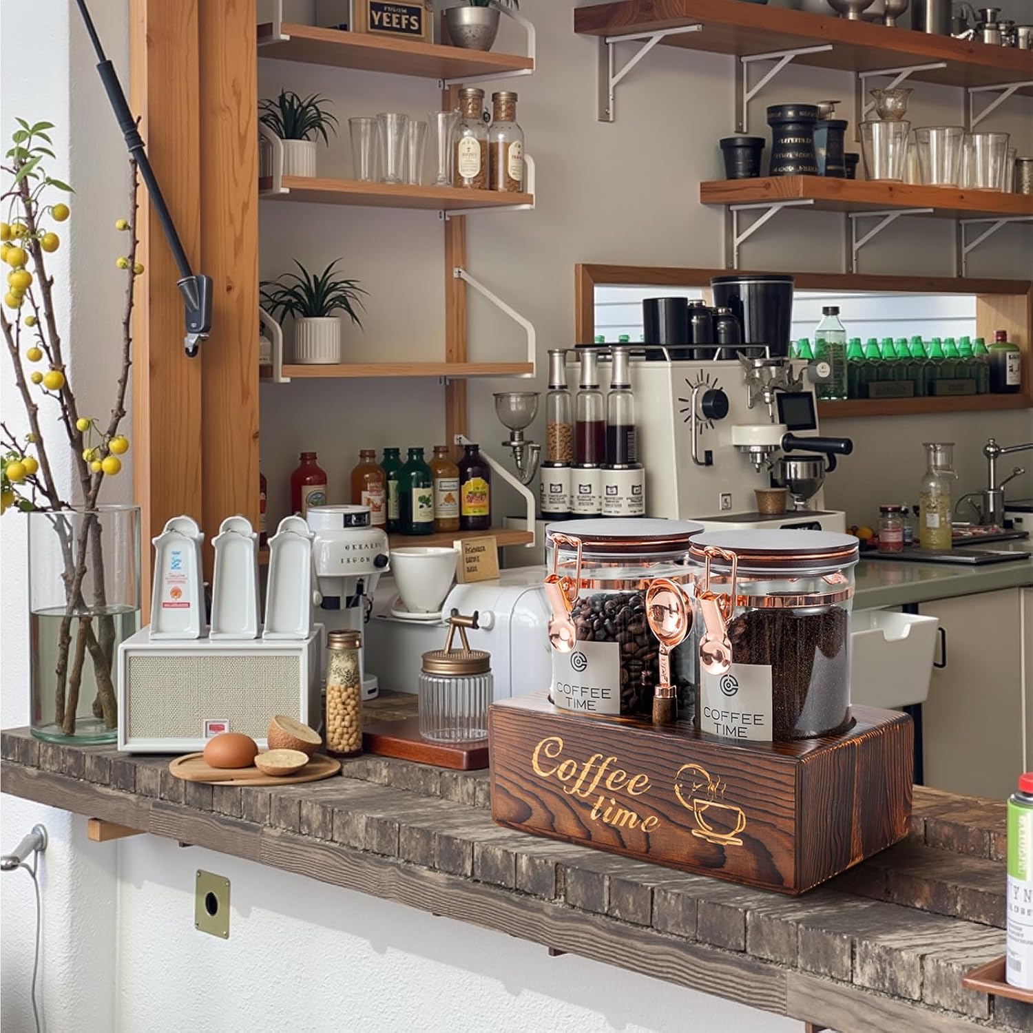 Glass Coffee Canister Set with Torched Wood Shelf, 2 Pack 45oz Airtight Storage Jars with Lids & Spoons, Large Kitchen Canisters for Coffee Beans, Sugar, Tea & Nuts