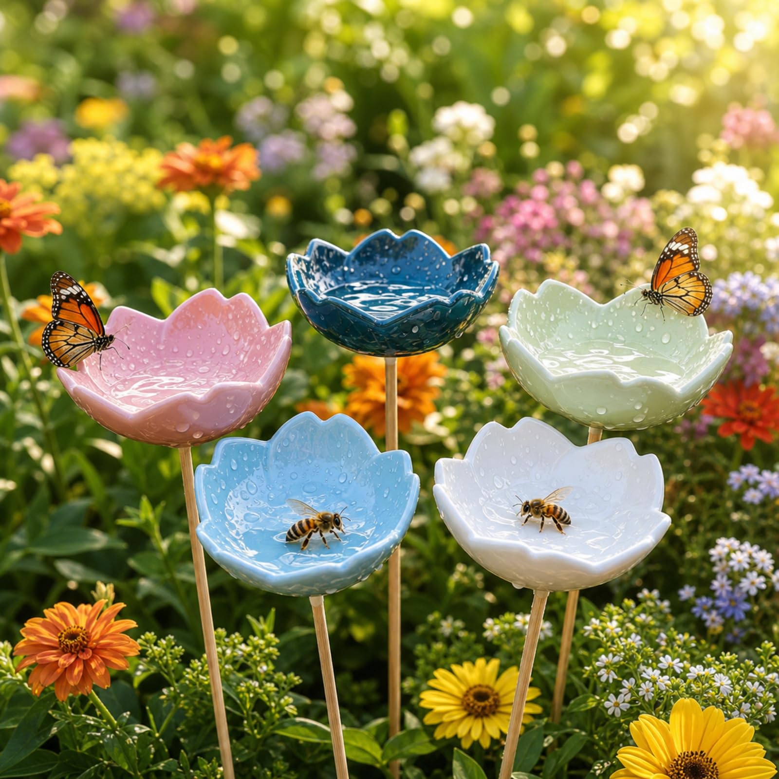 5 Stück Bienentränke Keramik, Insektentränke, Bienentränke für Den Garten, Bienenbar Wassertränke Mit Stecker Kreative Blüte Gartenstecker Geschenk Futternapf für Honig, Spenders (5 Stück)