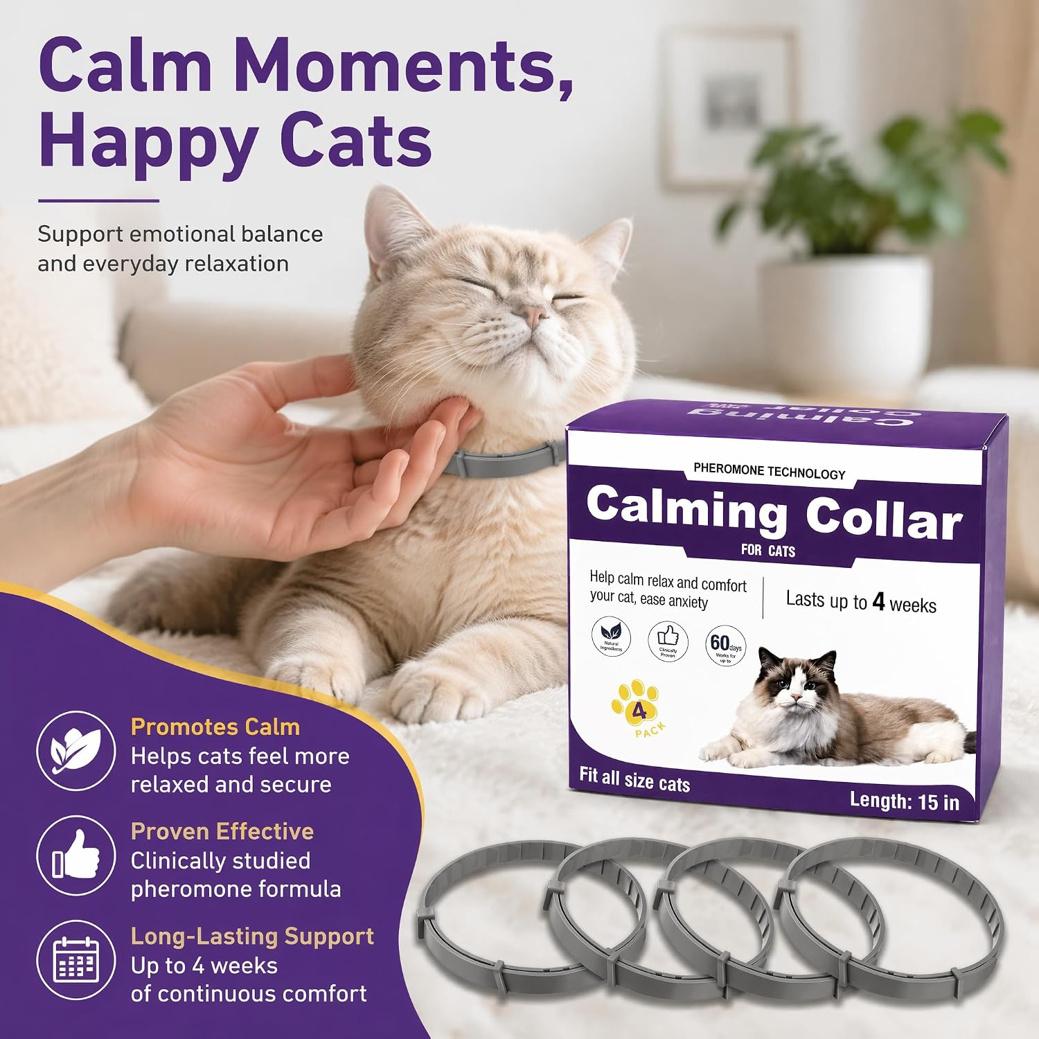 4 Pack Cat Calming Collar - Pheromone Anxiety Relief for Cats - Breakaway Safety Design - 120-180 Days of Continuous Calm - Stops Spraying, Scratching & Meowing - Adjustable 15in for All Cats (Gray)