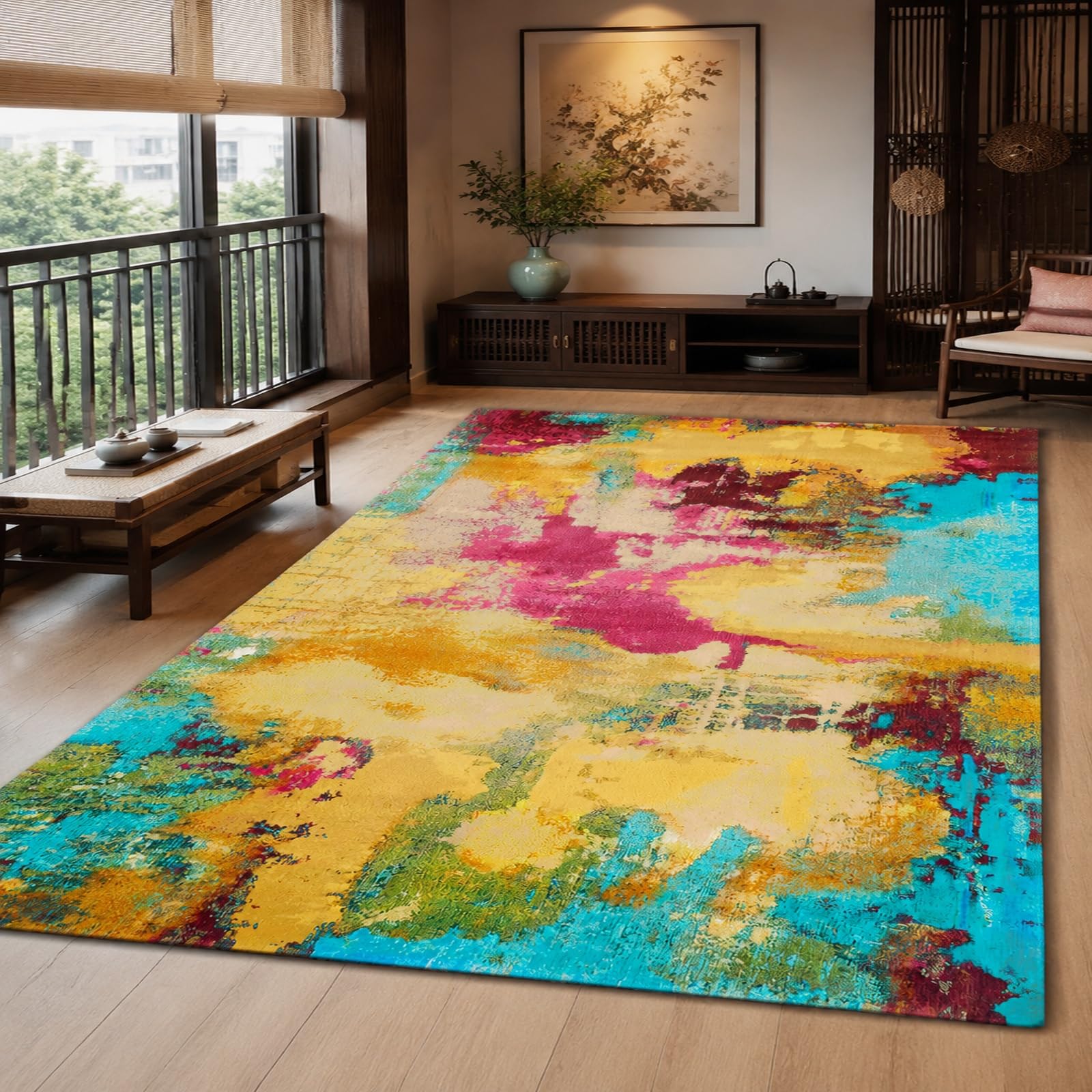 Tapis abstrait coloré grand format pour réenchanter votre salon moderne