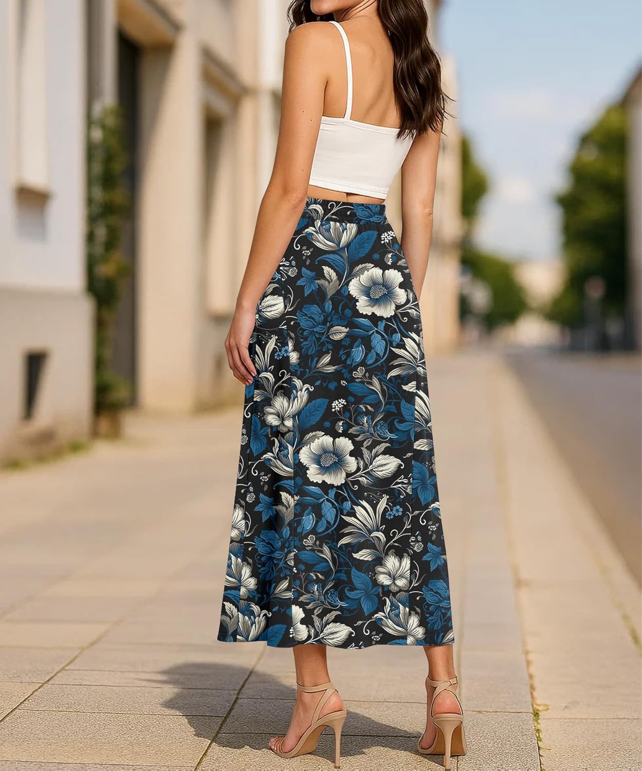 NILOUFO Women Trendy Maxi Skirts Casual High Waisted Elastic A-Line Long Skirt with Pockets - Image 4