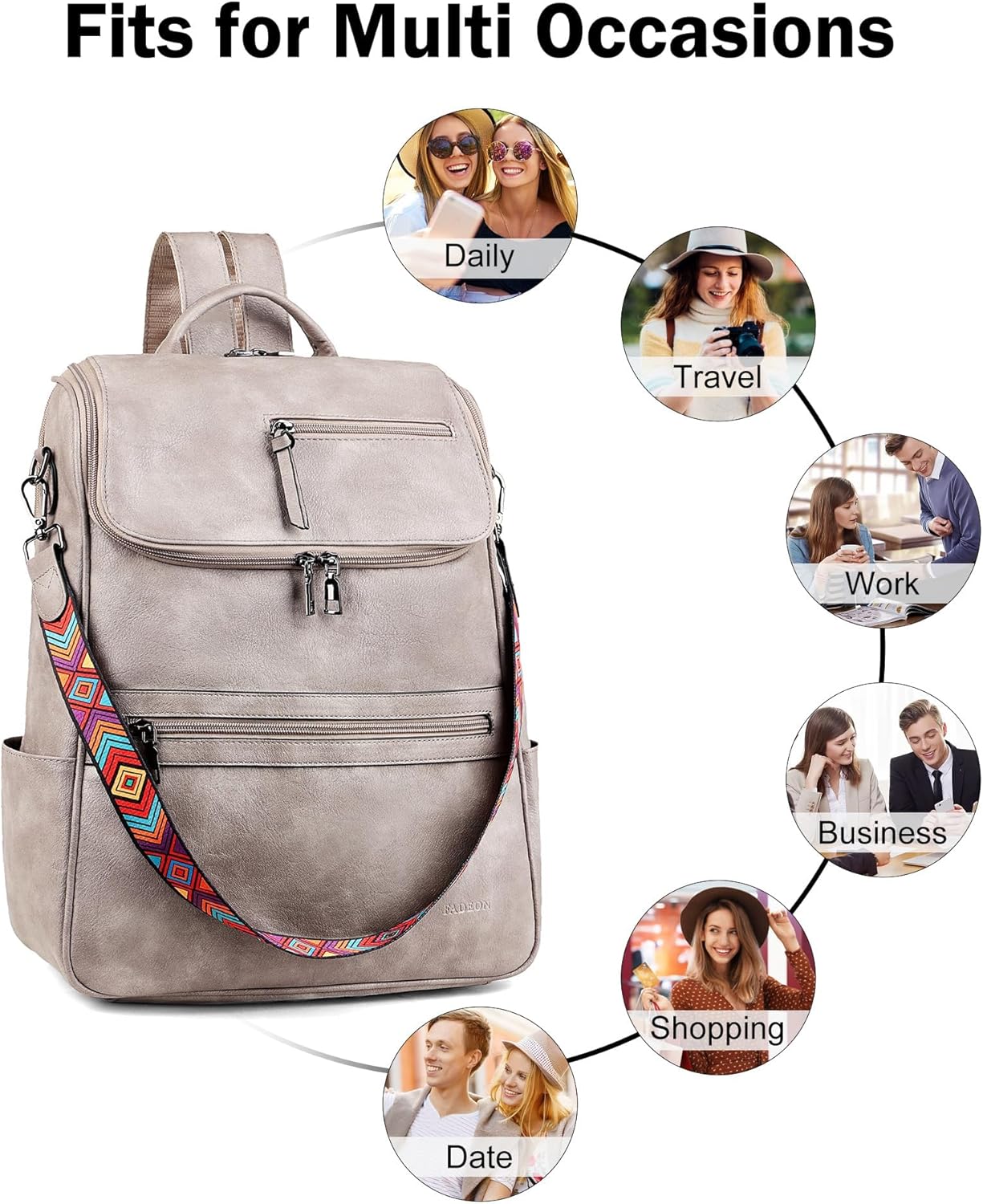 FADEON Laptop Backpack for Women Leather Travel Backpack with Laptop Compartment, Designer PU Shoulder Laptop Bag Grey - Image 6