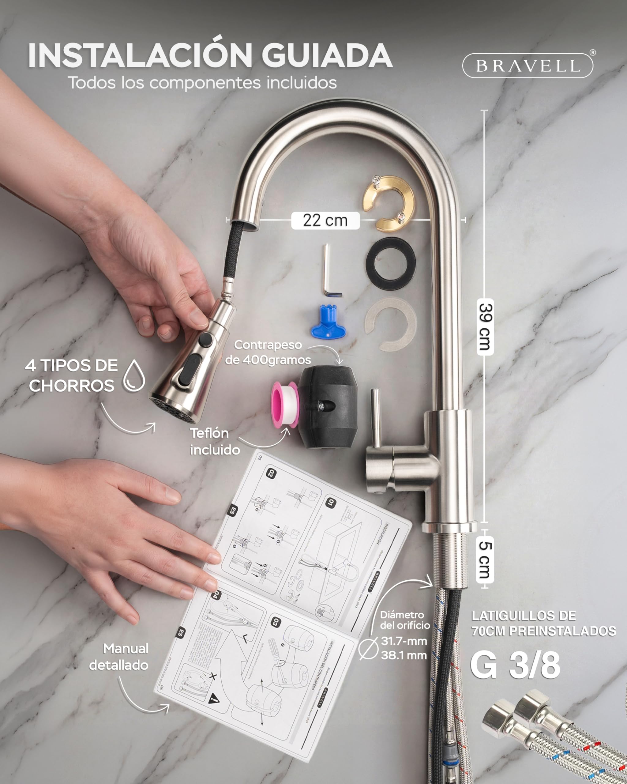 BRAVELL Grifo Cocina Extraible, Grifo Cocina Fregadero con 4 Modos Giratorio 360° Torneira Cozinha Monomando, Acero Inoxidable Mate, Latiguillos 3/8, Instalación Fácil y Completa (Acero mate 304 INOX)
