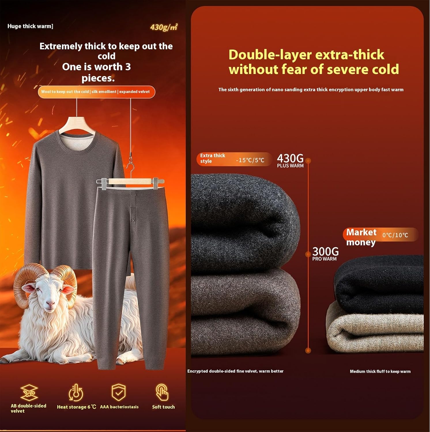 Men's Thermal Underwear Set, Base Layer Set Silk Wool Winter Thermal Set mens Long Johns with Fleece Lined Top Bottom