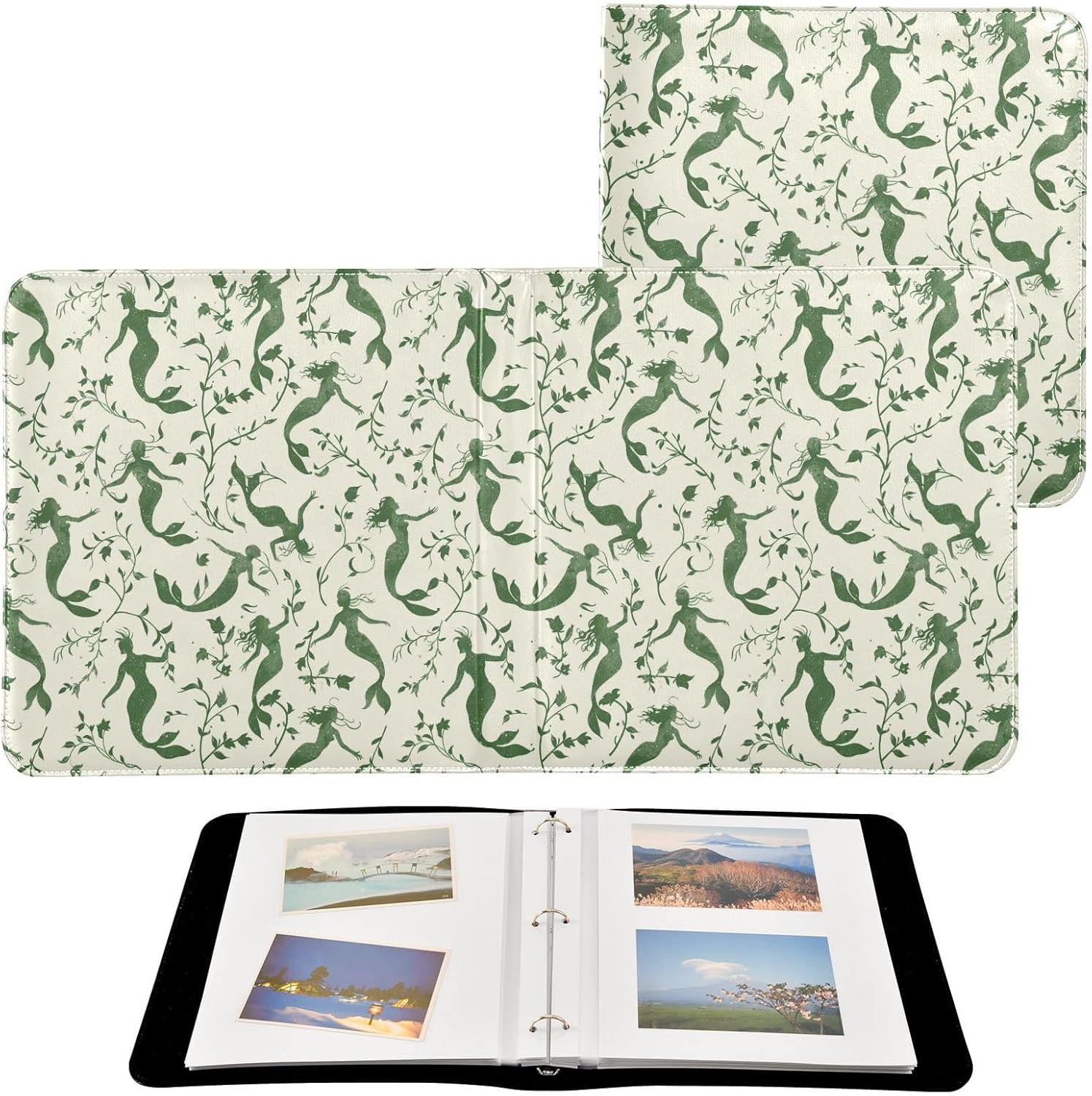 JIPONI Green Mermaids Large Photo Album, DIY Leather Cover Scrapbook Albums for 4x6 5x7 6x8 Pictures, Self Adhesive Memory Book for Wedding, Baby, Family