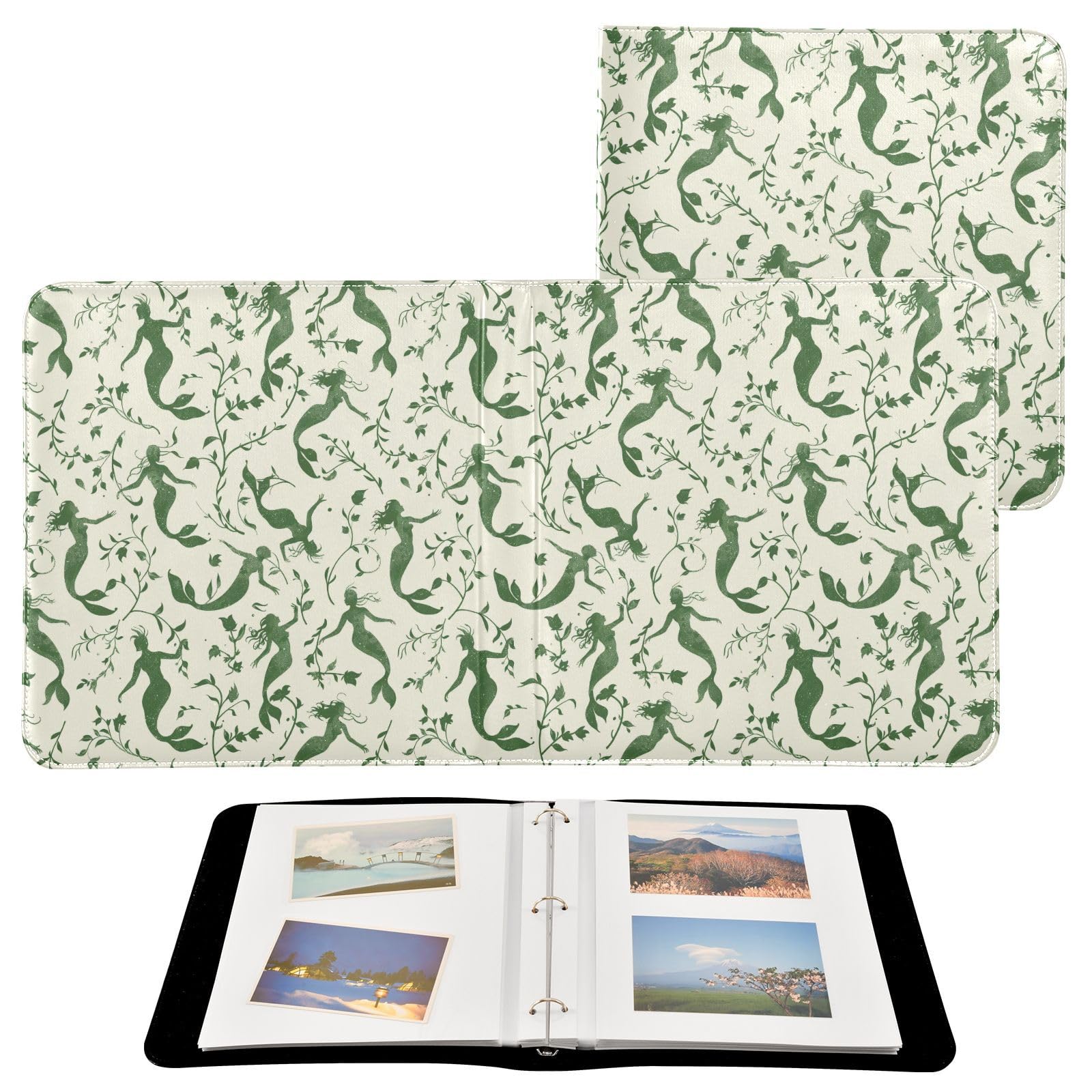 JIPONI Green Mermaids Large Photo Album, DIY Leather Cover Scrapbook Albums for 4x6 5x7 6x8 Pictures, Self Adhesive Memory Book for Wedding, Baby, Family