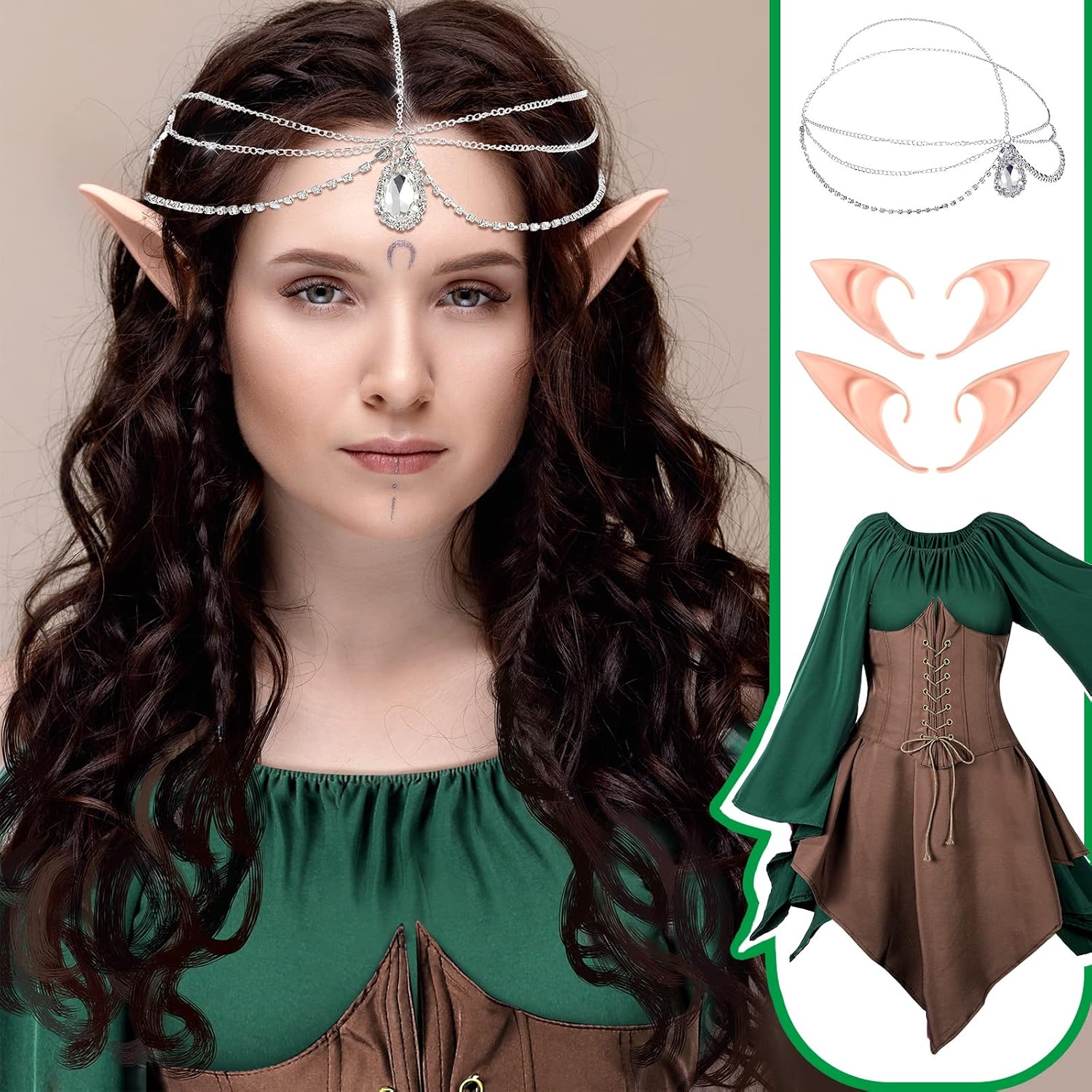Eurzom 5 Pcs Medieval Fairy Costume Set Women Renaissance Dress Girl elf Cosplay Ears Accessories Rhinestone Drop Headpiece - Image 3
