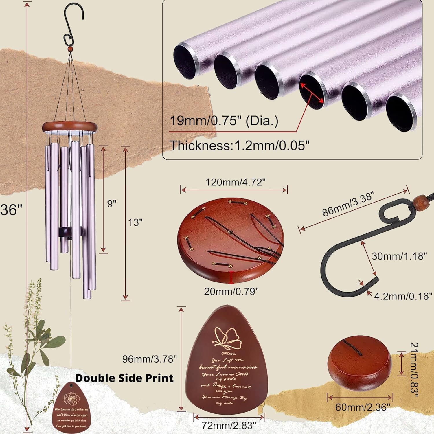 Memorial Wind Chimes for Loss of Mom - Sympathy Gifts, Bereavement Gifts in Memory of Loved One, 37" Purple - Image 4
