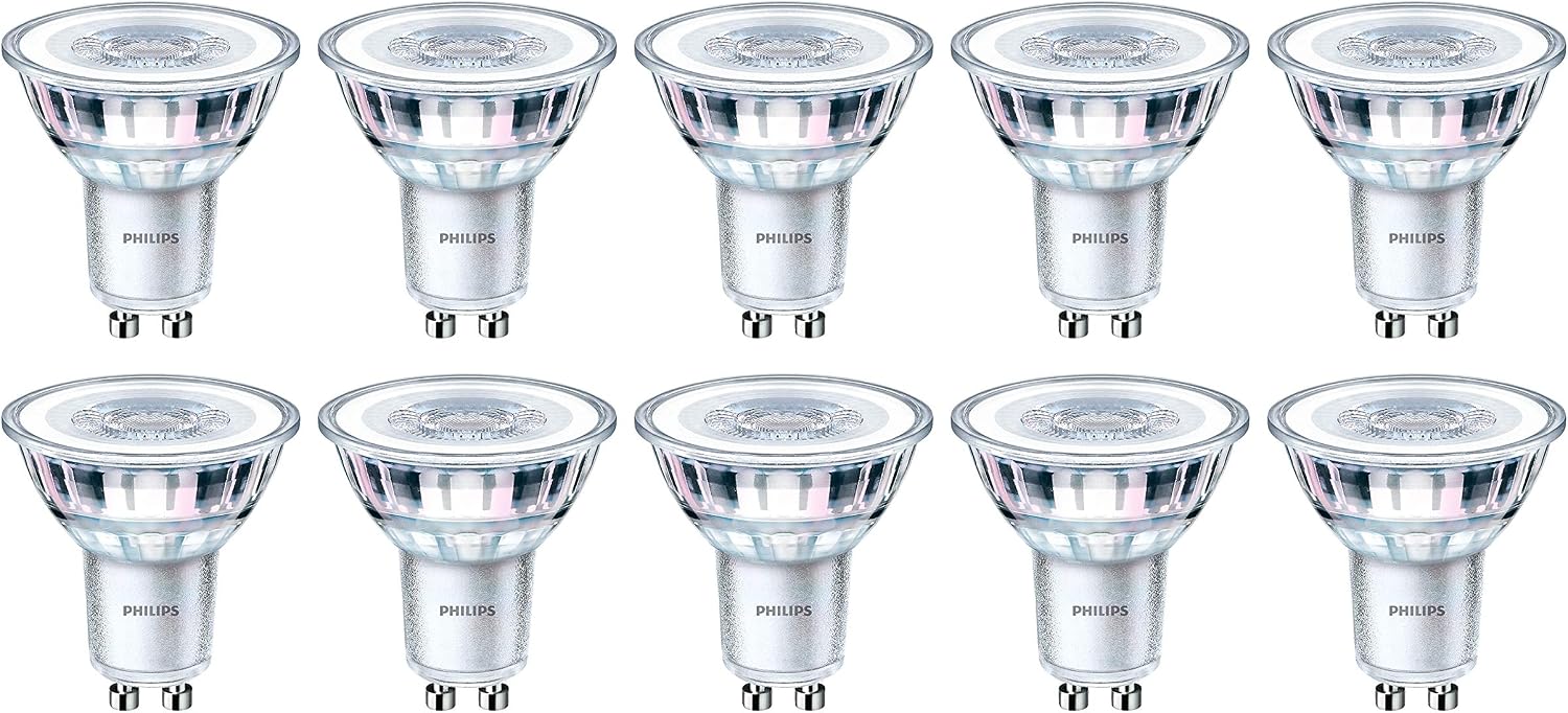 Philips LED GU10 Glass Dimmable Spot Light, 5.5W (50W Halogen Equivalent), 350 Lumens, Warm White, Glass Finish, Pack of 10