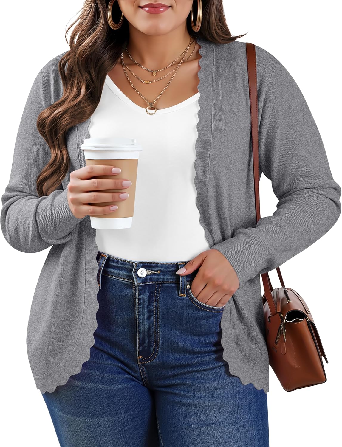 TIANZHU Women's Plus Size Cardigan Open Front Long Sleeve V-Neck Lightweight Cropped Knit Sweater XL-4XL