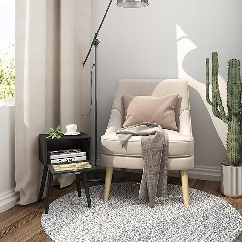 Miniatura 9 de LAATOOREE Juego de 2 mesitas de noche, mesa auxiliar pequeña con puerta de ratán, mesita de noche con pies de madera maciza, mesa auxiliar bohemia