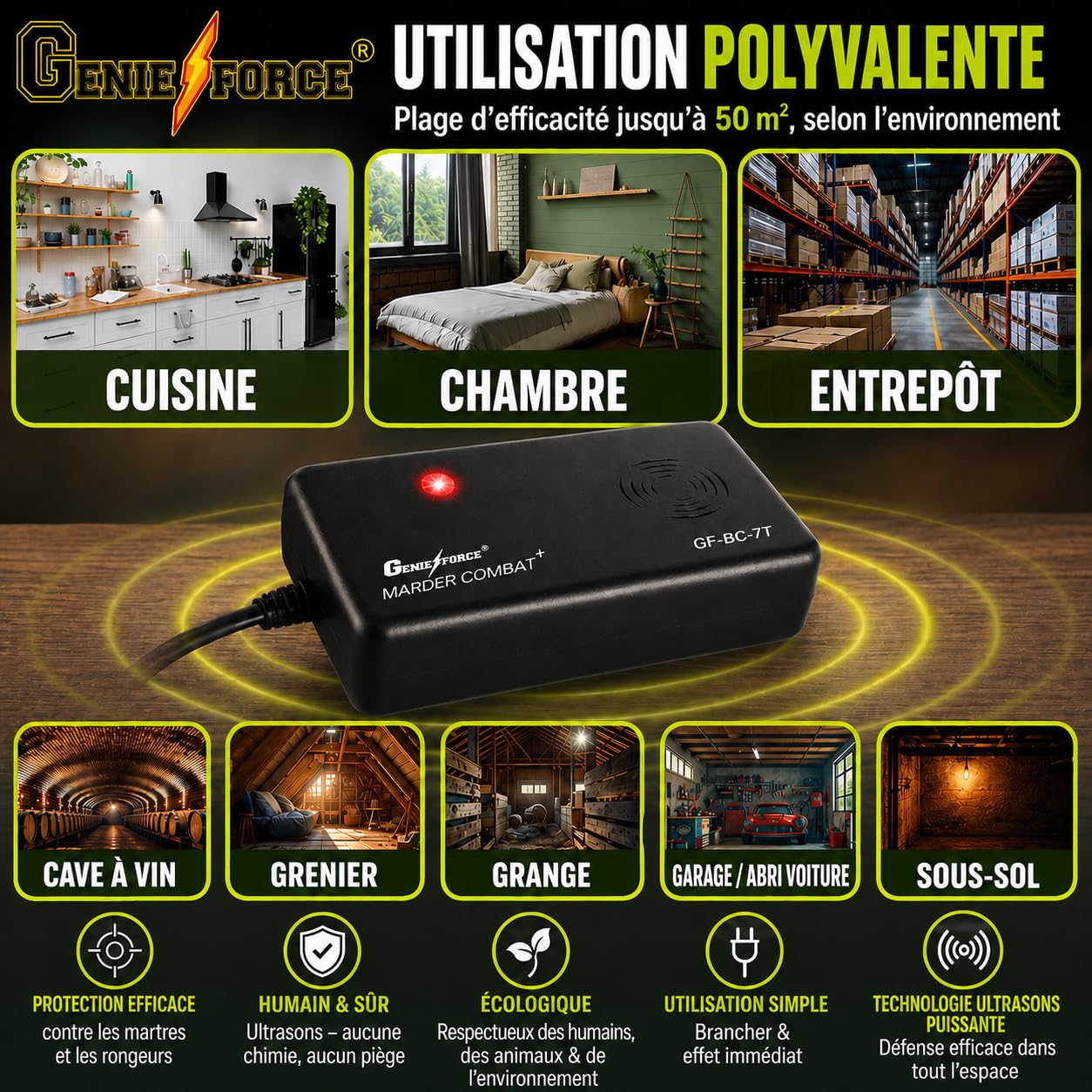 GF-BC-7T Combat + Protection intérieure contre les martres et les martres - Appareil à ultrasons - Répulsif contre les martres et les souris - Pour la maison, le grenier, la cave et le