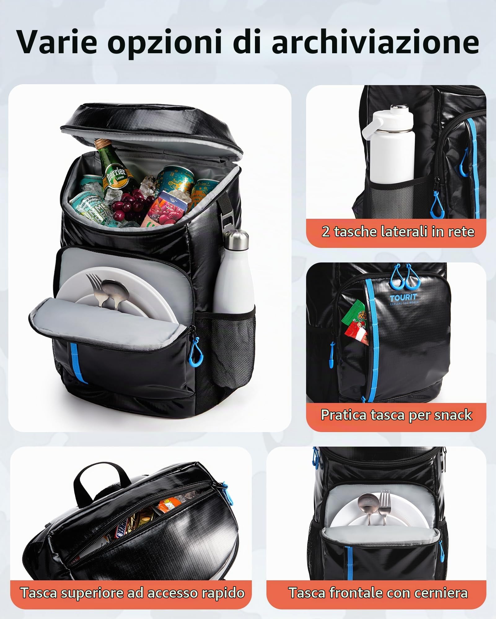 TOURIT Zaino refrigerante, 28 l, con apribottiglie, contiene 30 lattine, grigio