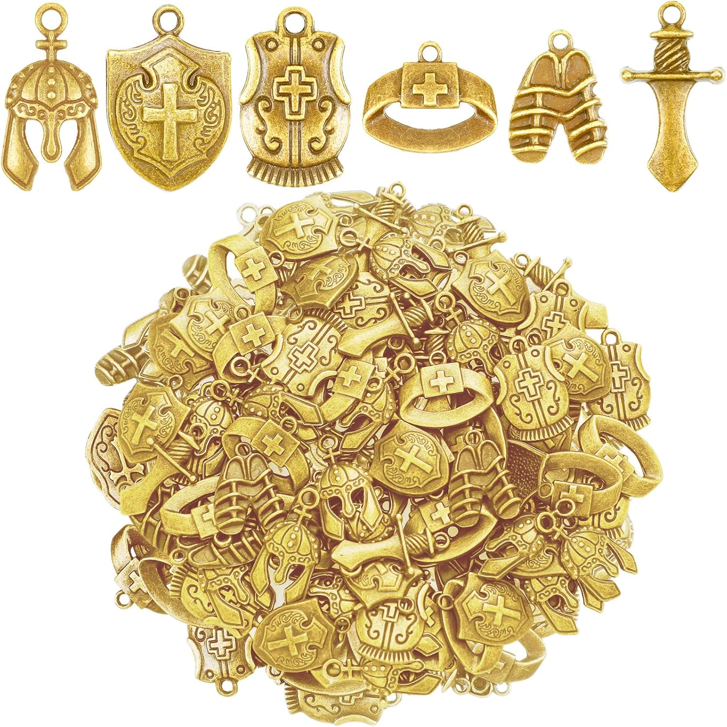 Ecation 90 Pcs Bible Theme Charms Pendants Put on the Full Armor Alloy Pendant Sunday Craft Belt Helmet Armor Charms Bulk for DIY Bracelet Necklace Jewelry Making