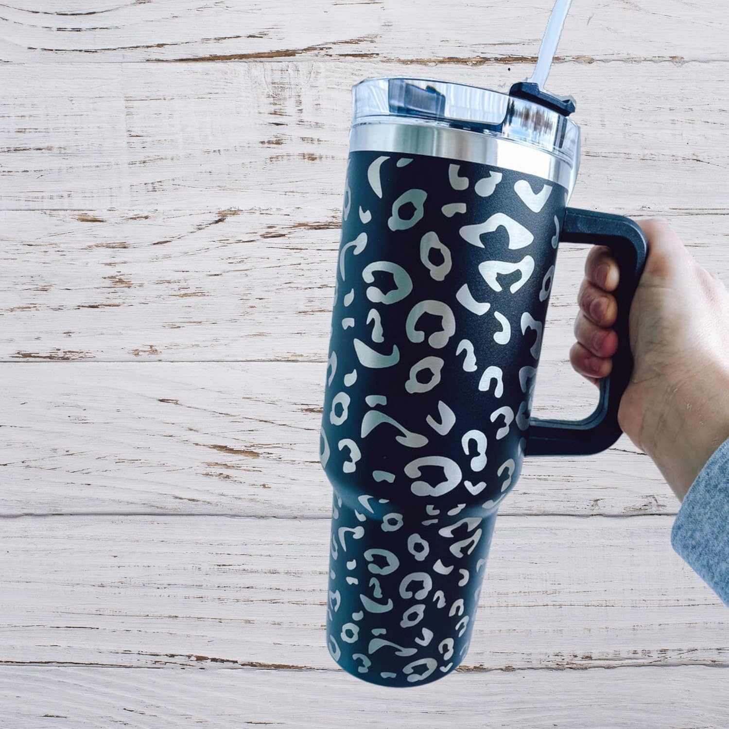 Lashicorn 40 Oz. Tumbler with Handle and Straw Black Leopard Silver 10” tall Cup lid included Insulated Stainless Steel Vacuum Travel Mug Boutique Cheetah Print - Image 4