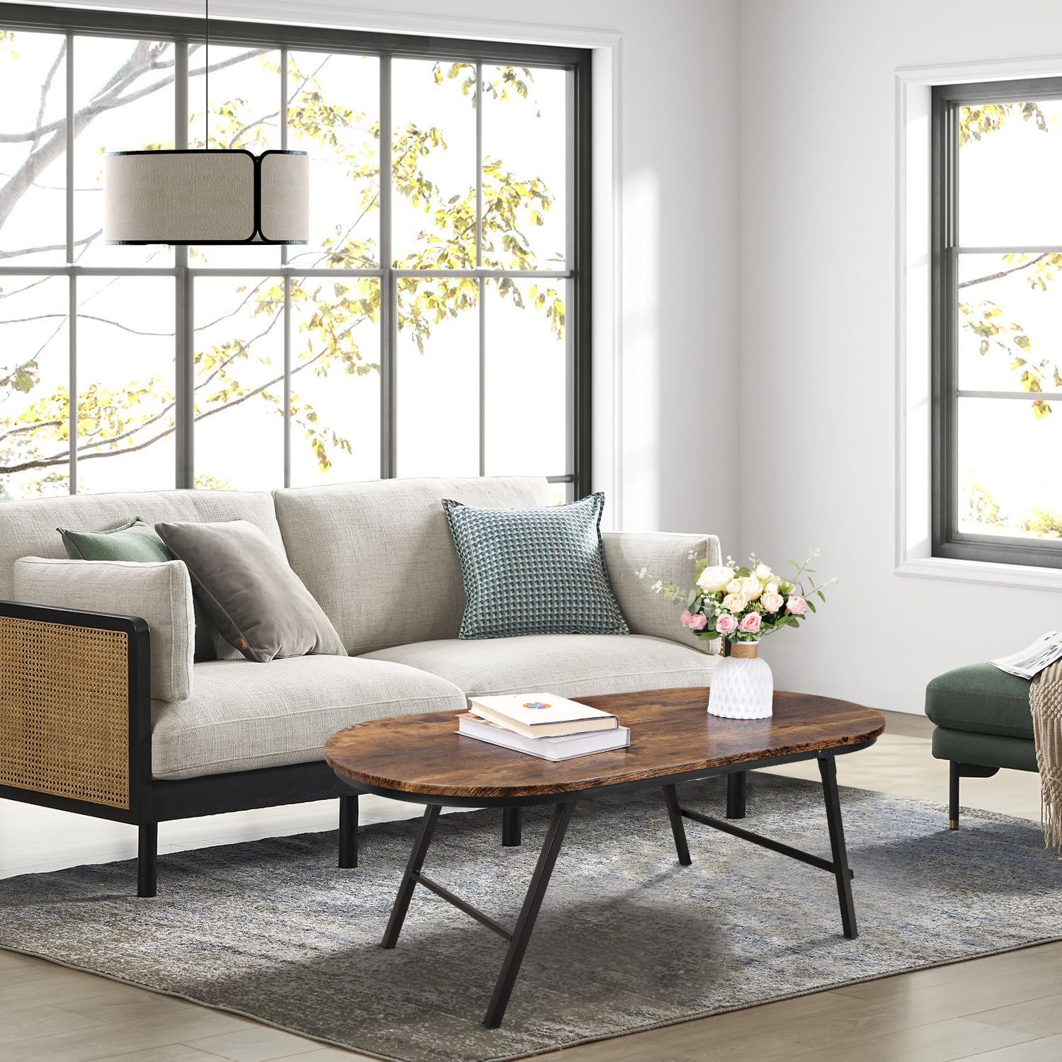 Folding Coffee Table for Living Room Industrial Brown Small Low Table Wooden Foldable Coffee Tables Oval Floor Desk Table for Small Spaces Home Office
