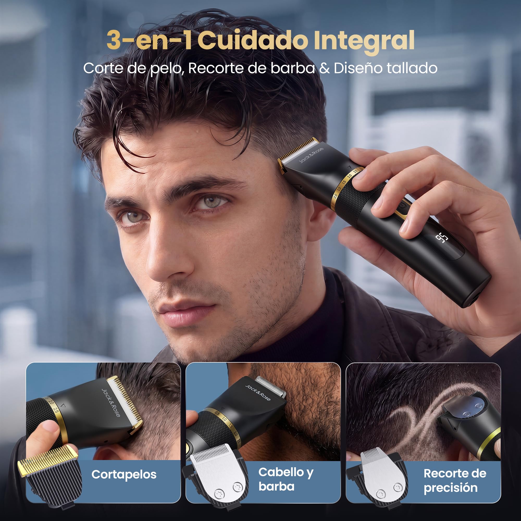 Jack&Rose Máquina Cortar Pelo & Barba 3-en-1, Inalámbrica Cuchilla Cerámica
