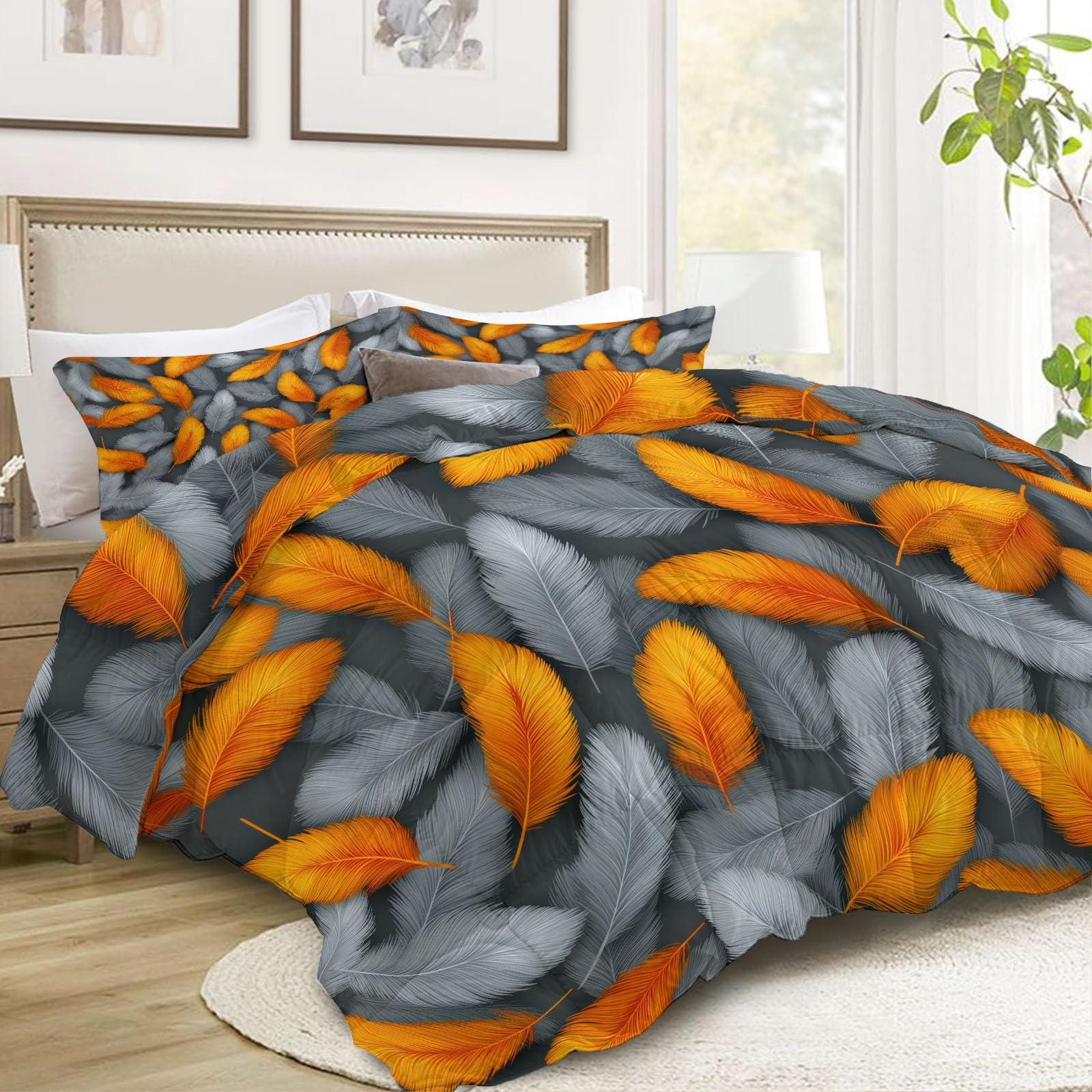 Trapunta Matrimoniale o Singola Stampa 3D 150x200 cm piume grigio-arancio Trapunta Set 3 Pezzi con 2 Federe, Piumone Letto 4 Stagioni Trapuntino Traspirante Morbida