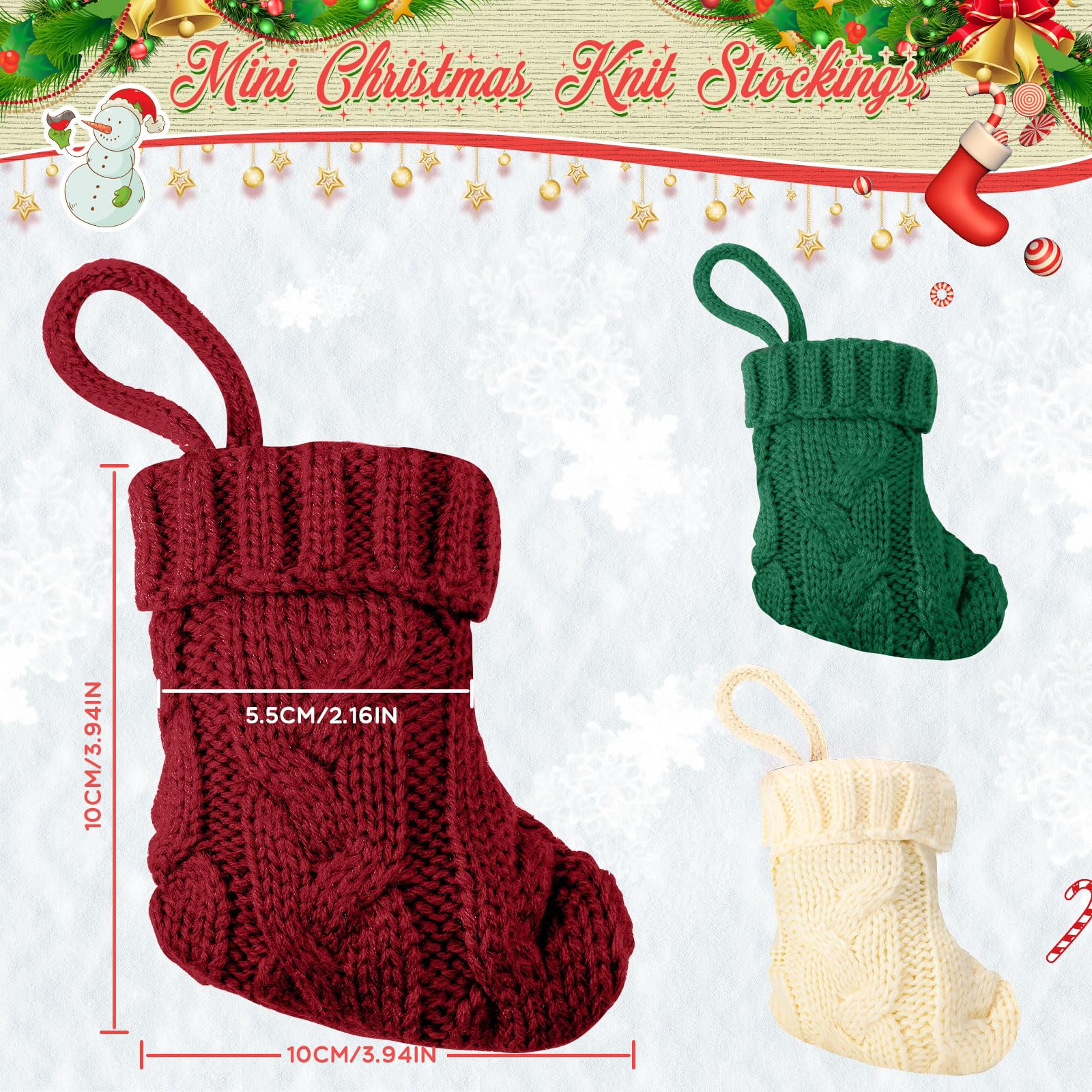Lot de 60 mini chaussettes de Noël en tricot rustiques à suspendre pour fête, vacances, décoration d'intérieur, 10 cm, 3 couleurs