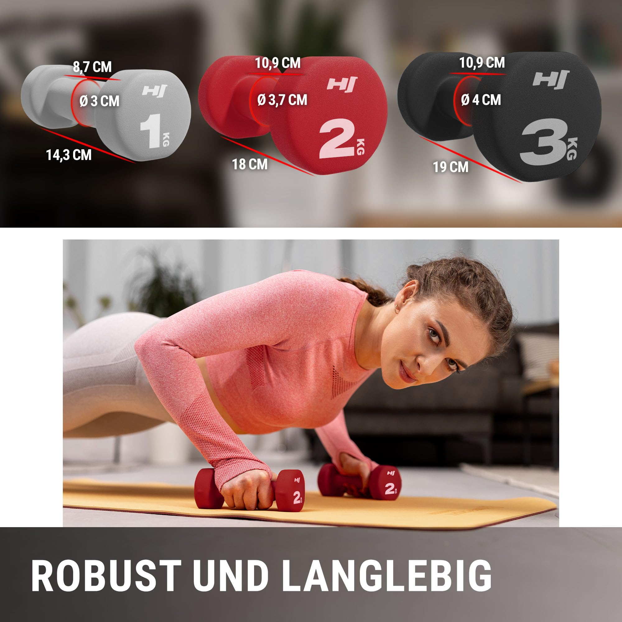 Hop-Sport Hanteln Set, Kurzhanteln 2 x 1 kg, 2 x 2 kg, 2 x 3 kg mit Ständer, Neopren Fitnesshanteln aus Gusseisen, rutschfest für Frauen und Männer, Home Gym, Krafttraining und Pilates