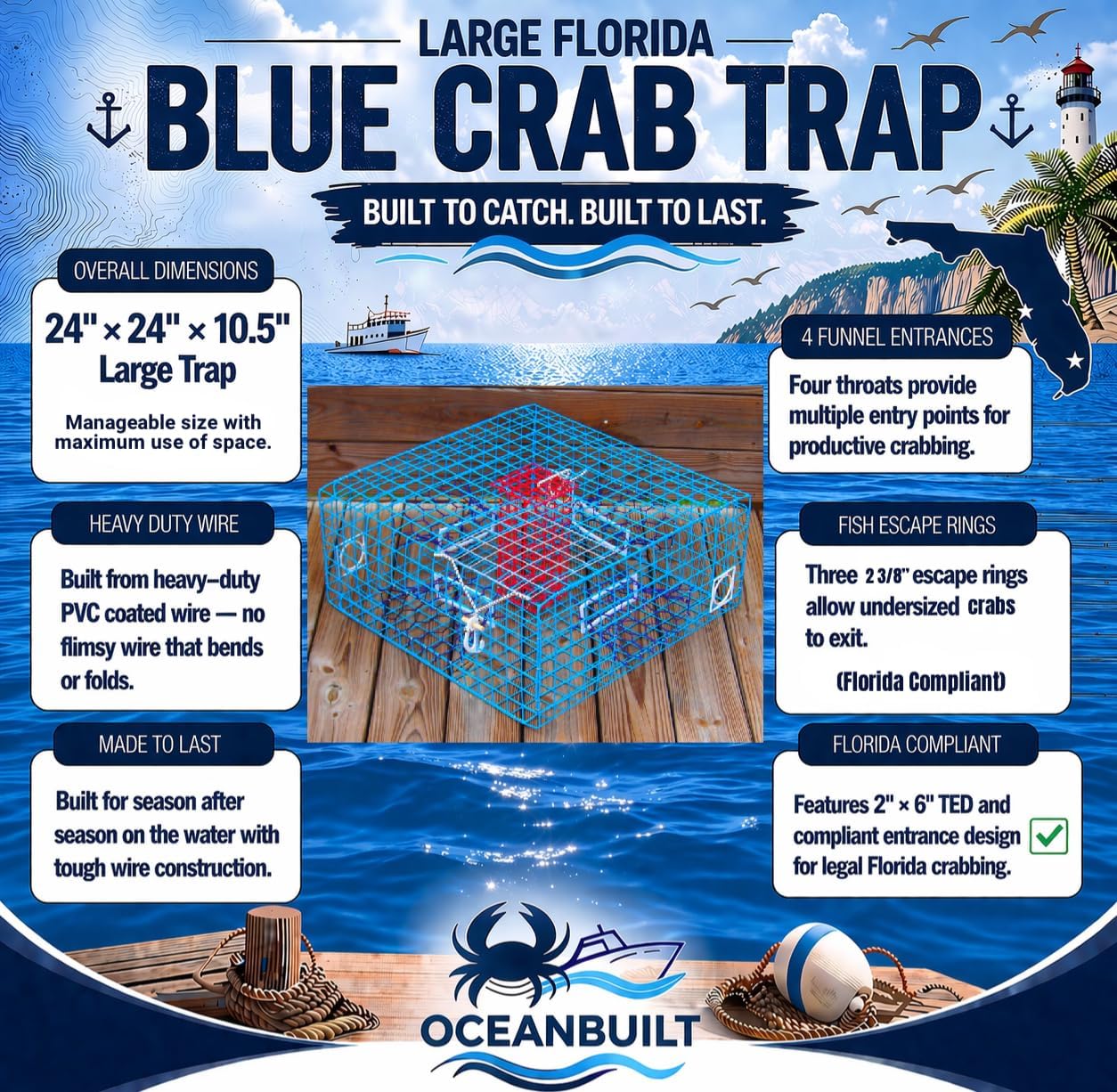 Florida Large Blue Crab Trap with 6" White Buoy Kit – 11 x 24 x 24 Recreational Blue Crab Pot – Four-Throat Saltwater Crab Trap – Includes Buoy & 30' Rope – PVC Coated Wire Fishing Trap