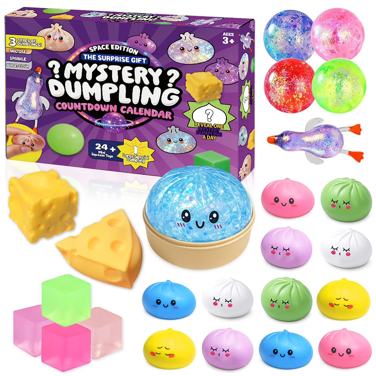 25PCS Squishy Bao Dumpling Toy, Glitter Mystery Dumplings Squishies Box, Surprise Fidget Toys with Cheese Squishys, Stress Balls Sensory Squeeze Toys for Kids Adults Anxiety Relief