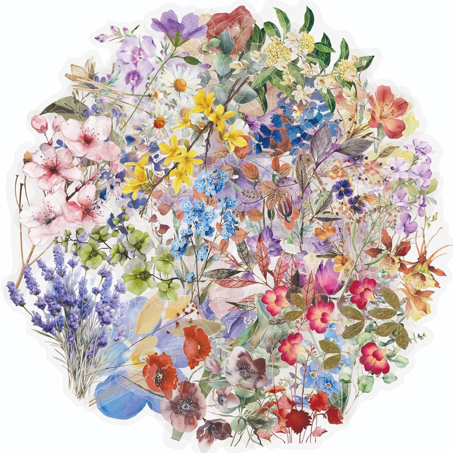 Hntr Flowers Pet Hntr® Wild Flower Stickers For Adults | 50 Transparent Floral Stickers | Scrapbook & Journal Craft Supplies
