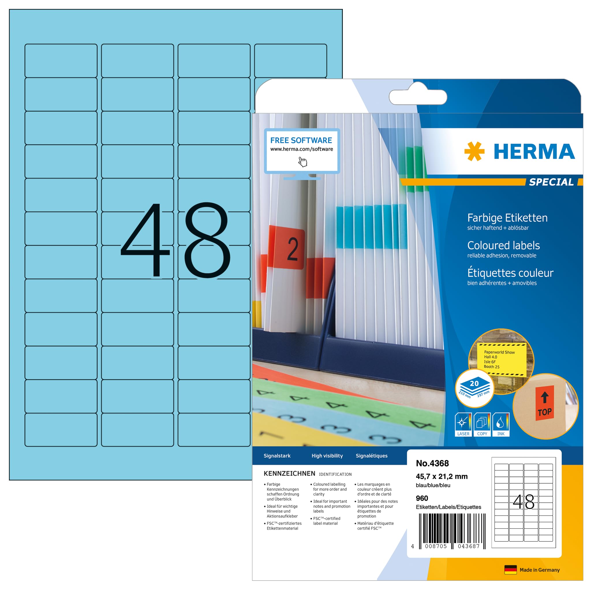 HERMA 4368 Farbige Etiketten blau ablösbar, 20 Blatt, 45,7 x 21,2 mm, 48 pro A4 Bogen, 960 Stück, selbstklebend, bedruckbar, matt, blanko Papier Farbetiketten Aufkleber