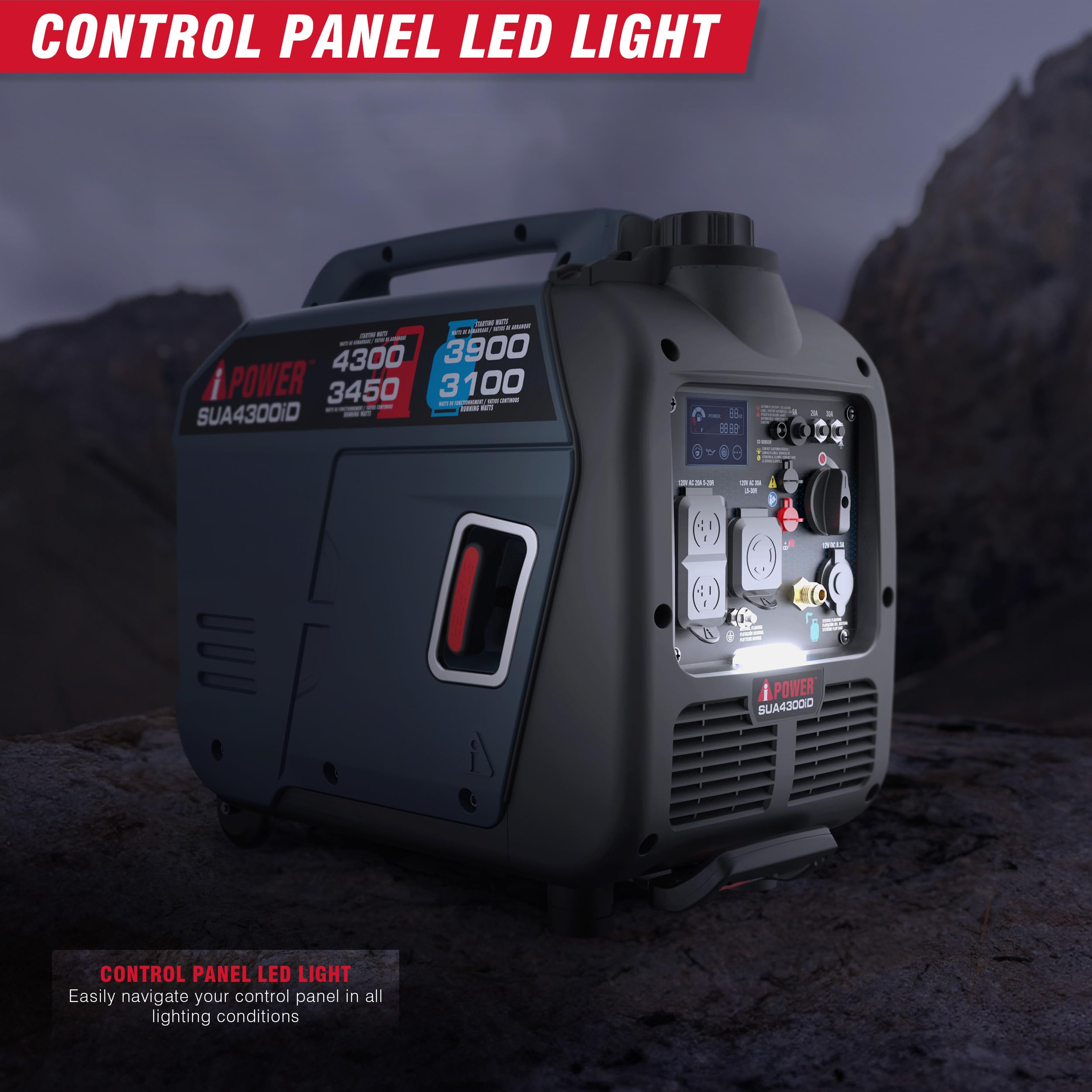 A-iPower Generatore inverter portatile a doppio carburante, 4300 W pronto per camper, sensore di CO conforme a EPA e CARB, leggero con manico telescopico per uso domestico, tailgating e campeggio
