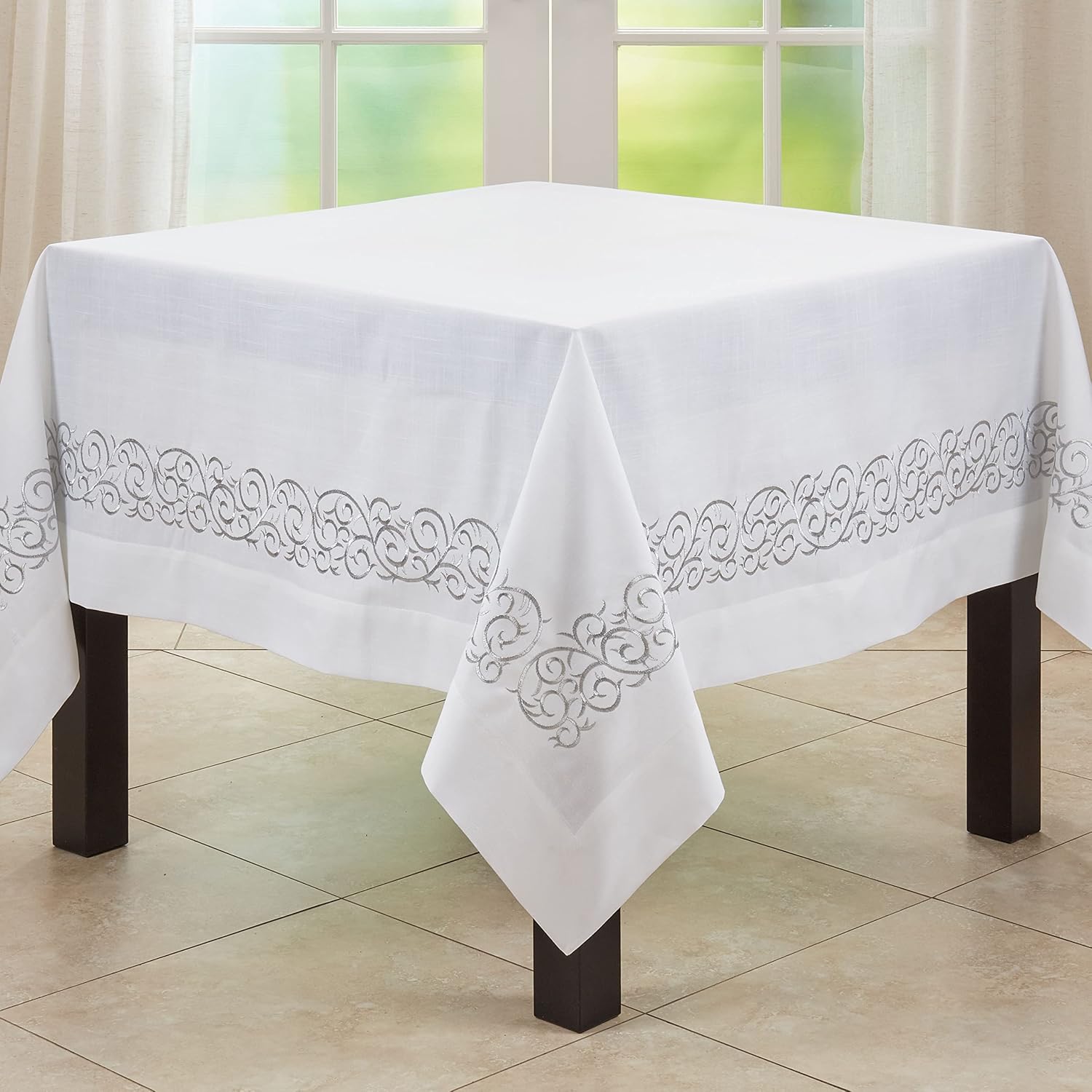 Saro Lifestyle Embroidered Scroll Tablecloth, Silver, 72"