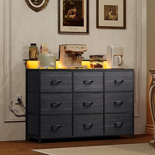 Miniatura 2 de Soporte de TV negro para TV de 45, 50, 55 pulgadas, mesa consola multimedia de TV con luces LED y estación de carga, centro de entretenimiento con 9