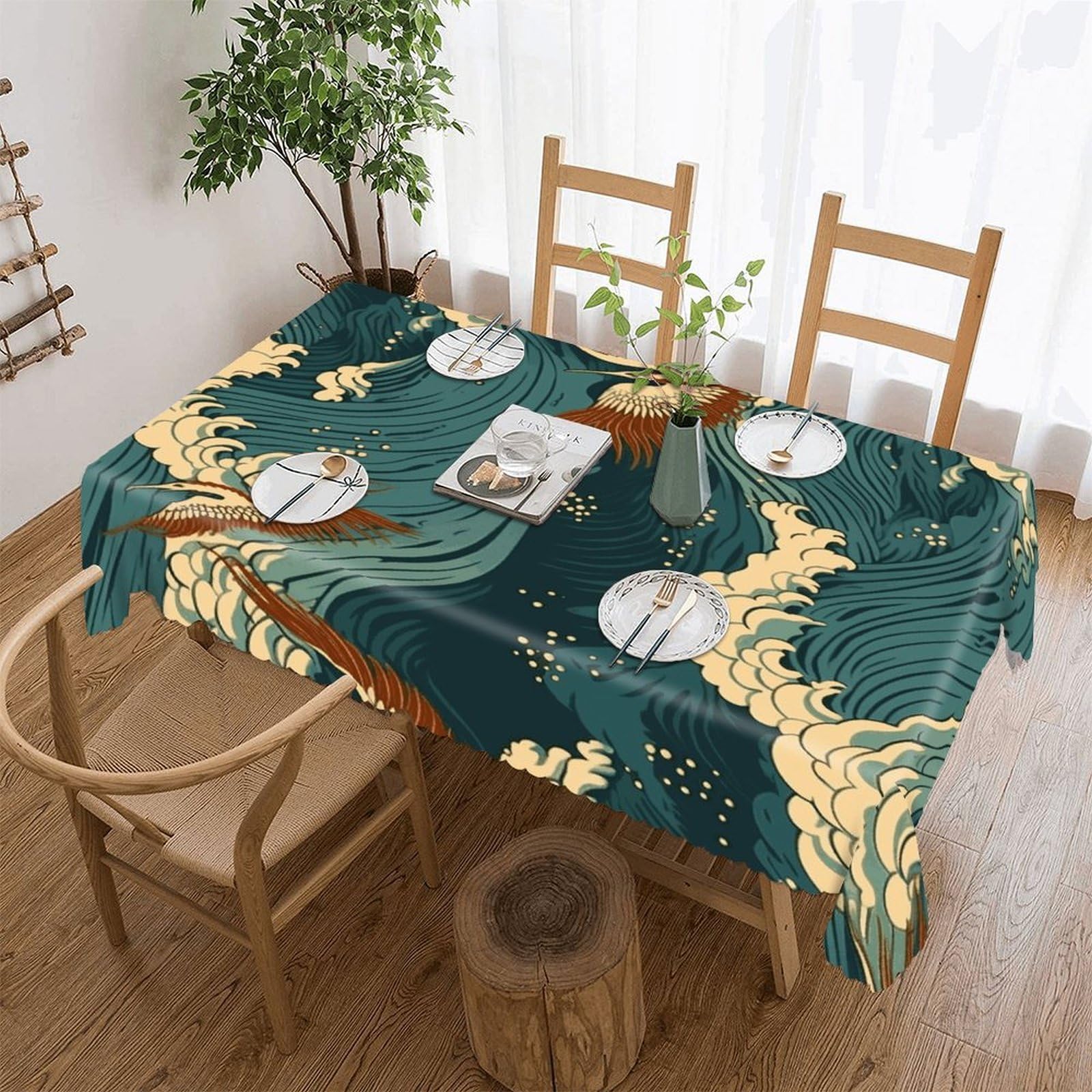 FekiLoot Japan Wave Wallpapers Tablecloths for Rectangle Tables Wipeable Spillproof Polyester Table Cloth Wrinkle Free Farmhouse Dining Tables Cover Elegant Vintage Decor Tablecover