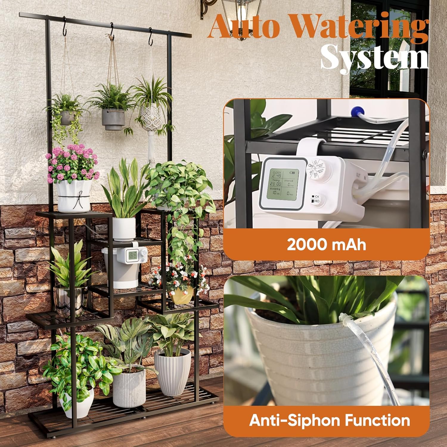 4 Tier Plant Stand with Automatic Drip Watering System, Indoor Outdoor Metal Plant Shelf with Hanging Rod, Holds 12 Pots, Space Saving Plant Display & Organizer