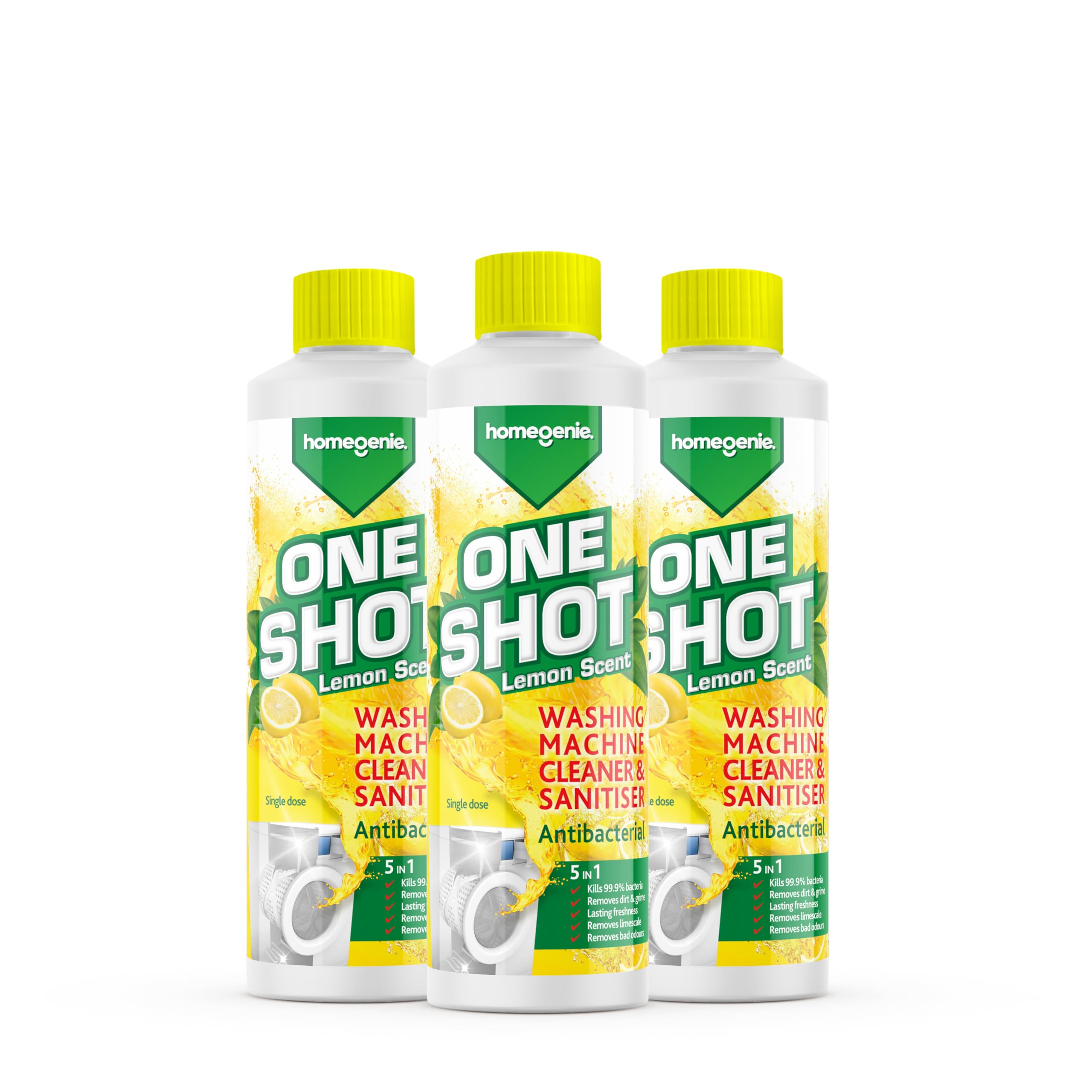 HomeGenie - Washing Machine Cleaner | Anti-bacterial Removes Limescale, Odours and Dirt | Lemon Scent (3x 250ml)