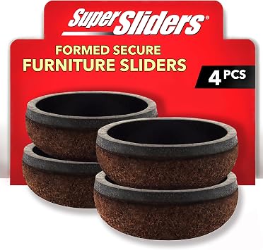Super Sliders Secure Grip Formed Felt Movers for Furniture to Protect Hard Surfaces, 1.5", Walnut Brown 4 Pack