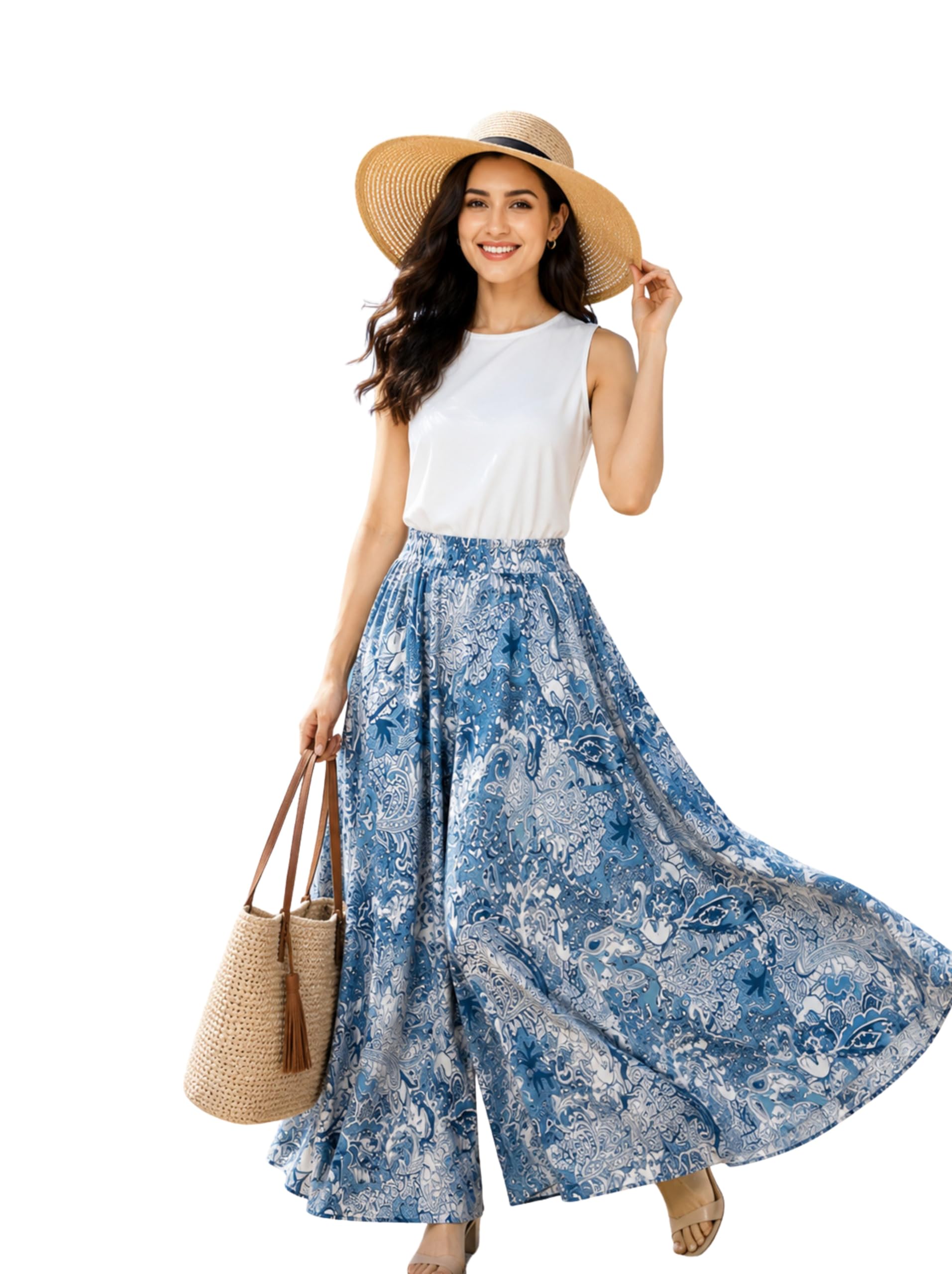 Printed Flared Palazzo, Blue Paisley, Elasticated Waist, Boho Style, Beach Wear-picture-38
