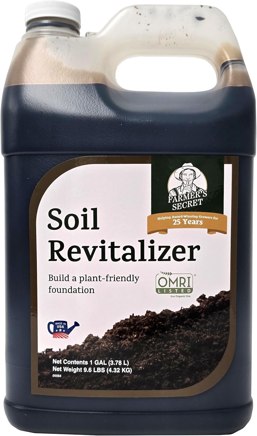 Farmer’s Secret Soil Revitalizer (128oz) - Organic (OMRI Listed) Dirt Health Booster - Liquid Compost Soil Amendment - Activated Humic Acid - Great for Fall/Spring Application