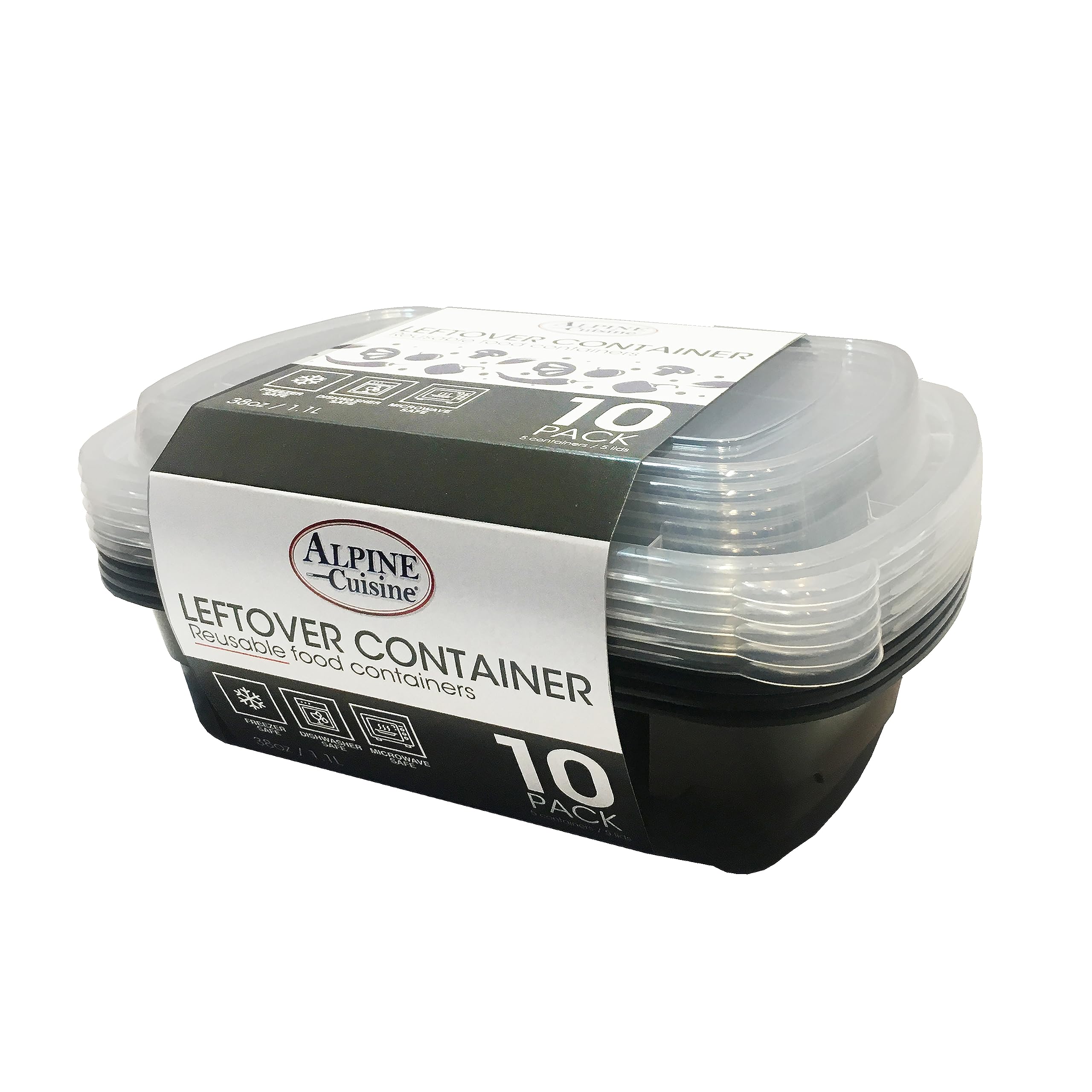 Alpine CuisineMeal Prep Food Storage Containers with 5 Lids & 5 Bodies 10-Piece 38oz (1123ml) | A Versatile & Convenient Kitchen Organization Solution | Food Storage Containers - Dishwasher Safe