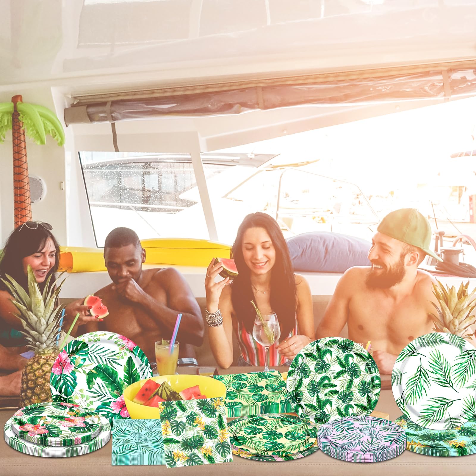 Suministros de fiesta tropical Luau, 60 platos y servilletas hawaianas para fiesta de cumpleaños hawaiana, decoraciones temáticas de hojas de palma tropicales para verano, piscina, playa, recuerdos de