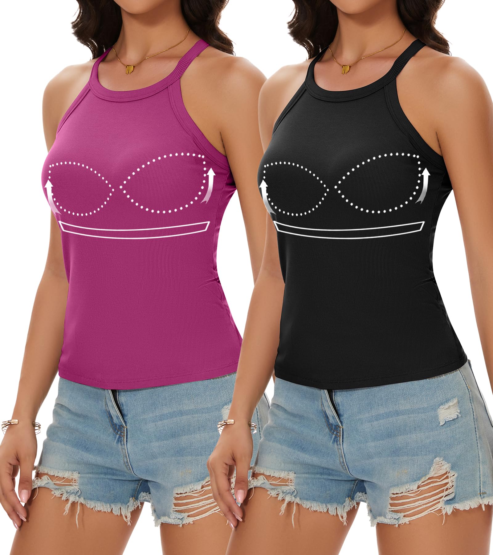 Womens Racerback Ribbed Tank Top Camisole with Built in Bra Running Yoga Sport Bra Athletic Slim Sleeveless Summer Top