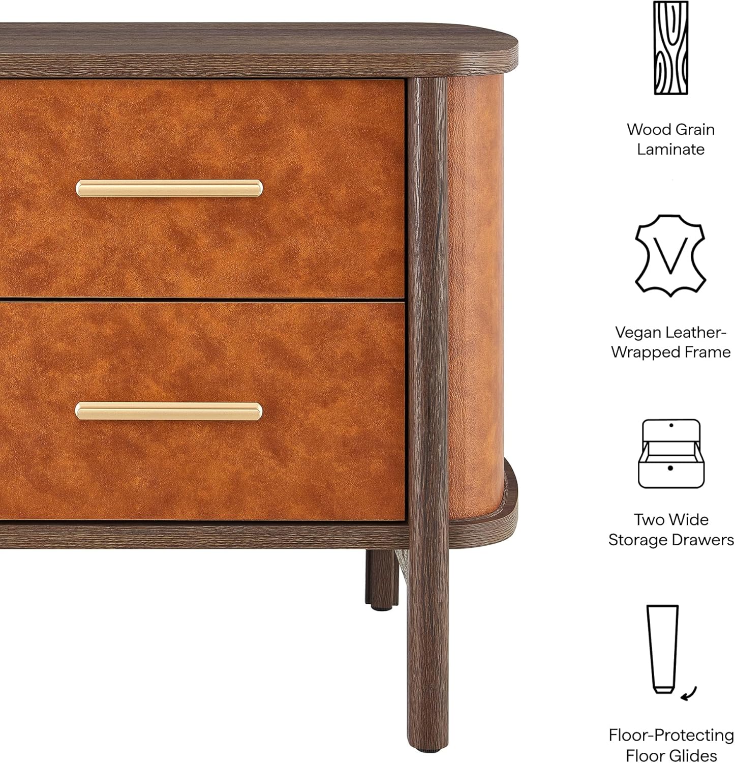Modway Coralie Curved Vegan Leather Nightstand with Drawers in Walnut Tan – Large 2-Drawer Bedside Table with Wood Grain Finish – Vintage Modern End Table for Bedroom