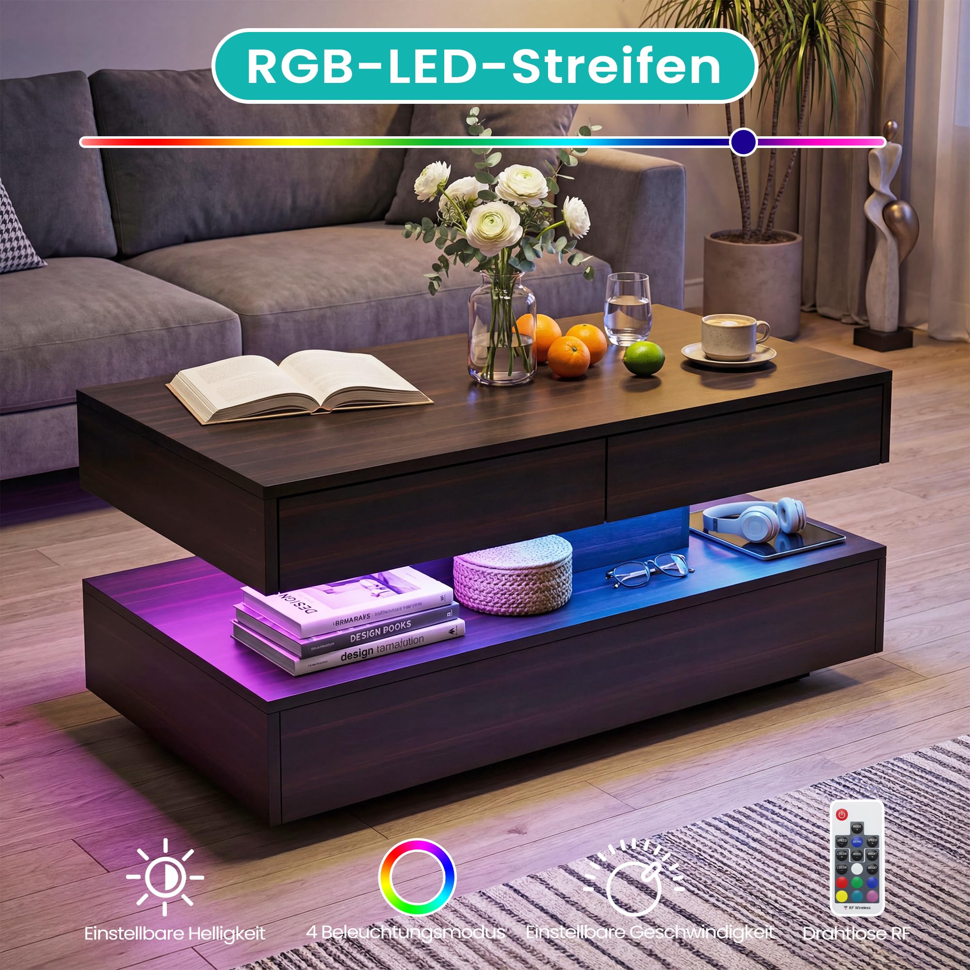 Manora Wohnzimmertisch Schwarz mit LED und Schubladen,Couchtisch Modern mit Stauraum,Rechteckiger Sofatisch,Tisch Wohnzimmer,Bräunlich-schwarz