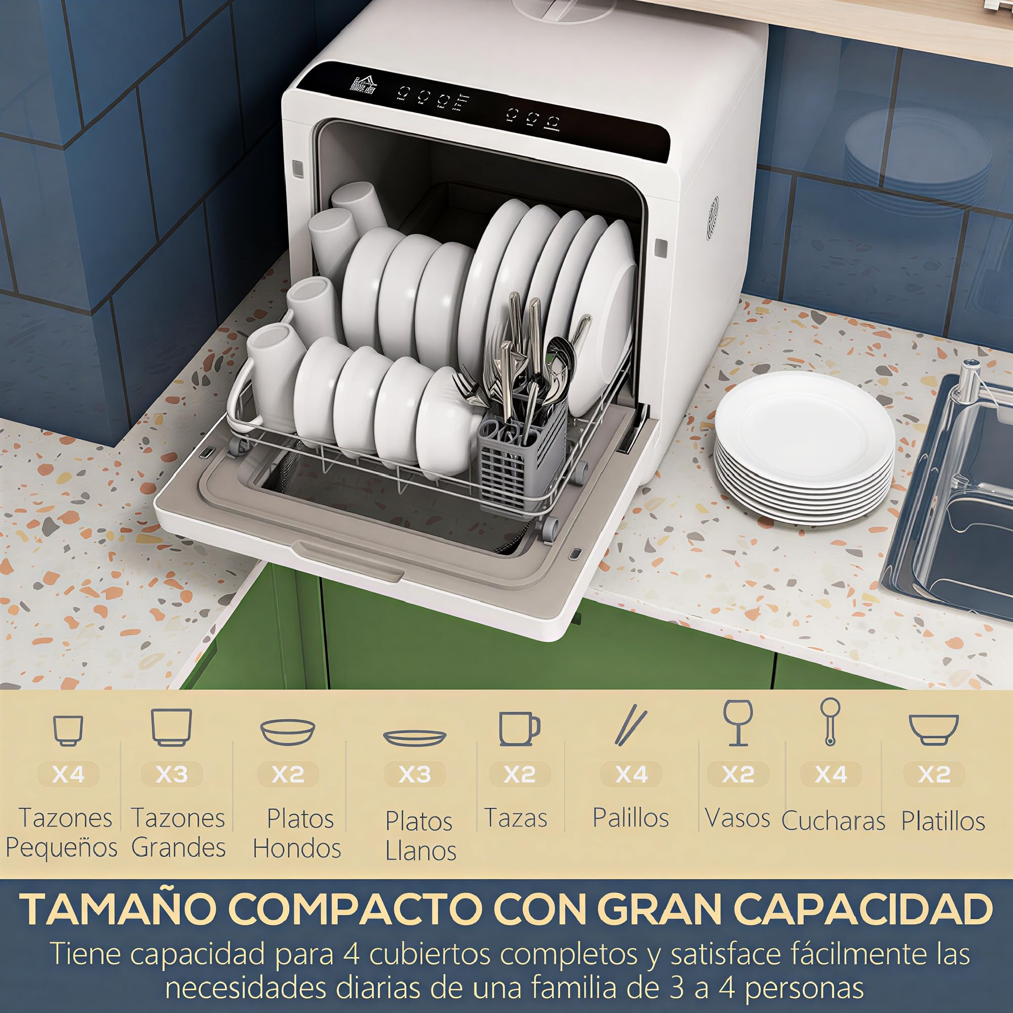 HOMCOM Lavavajillas de Encimera Pequeño con 5+1 Programas, ECO, Depósito de Agua 6L, Dos Modos de Suministro, Pantalla LED para Cocina y Apartamentos