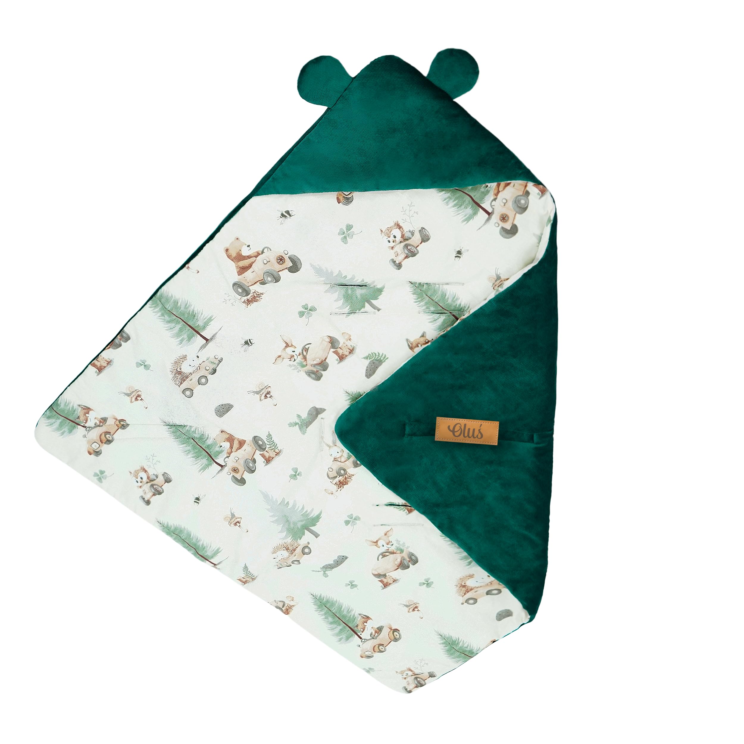 Flumi Couverture Enveloppante Bébé pour Siège Auto, Poussette et Nacelle – Capuche, Ouvertures Harnais, Lavable, Personnalisation Prénom (Animaux Verts)