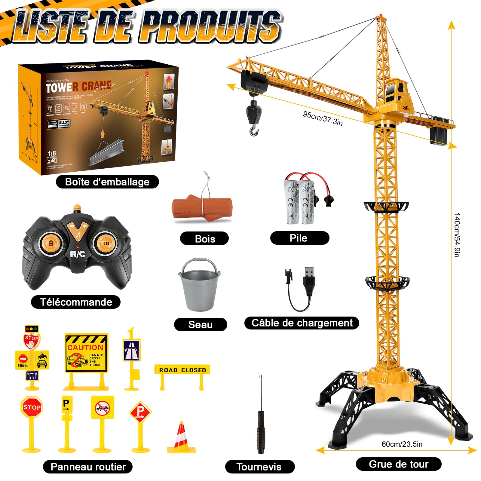 Herenear Grue Telecommandée, Hauteur 140 CM RC Grue à Tour Géante, 360 Degrés De Rotation Gru Crane De Chantier Enfant avec Lumières pour Enfants Garçon 8+
