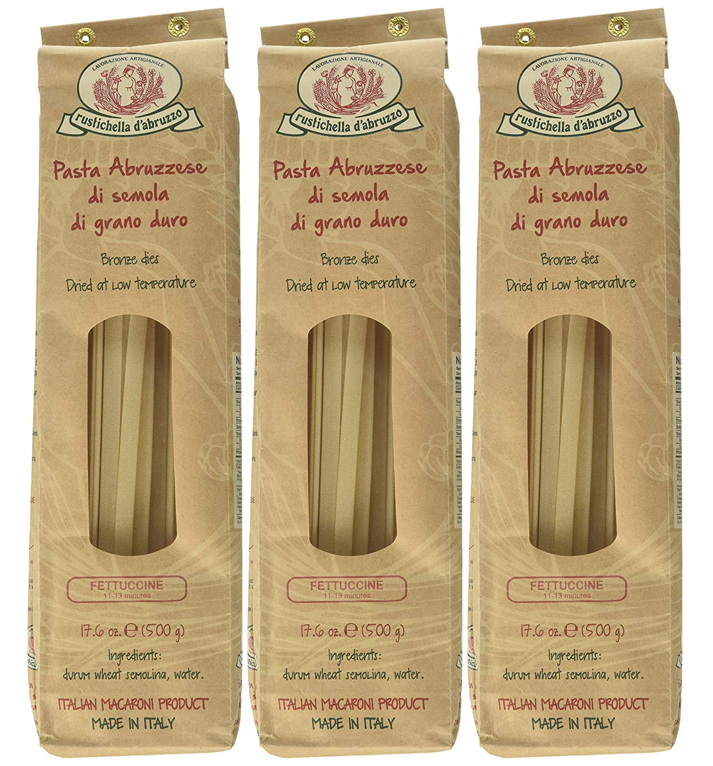 Rustichella d'AbruzzoFettuccine (Pack of 3), 500g Each - Egg-Free Wide Ribbon Pasta - Perfect for Sauces - Cooks in 11-13 Minutes - Traditional Italian Recipe